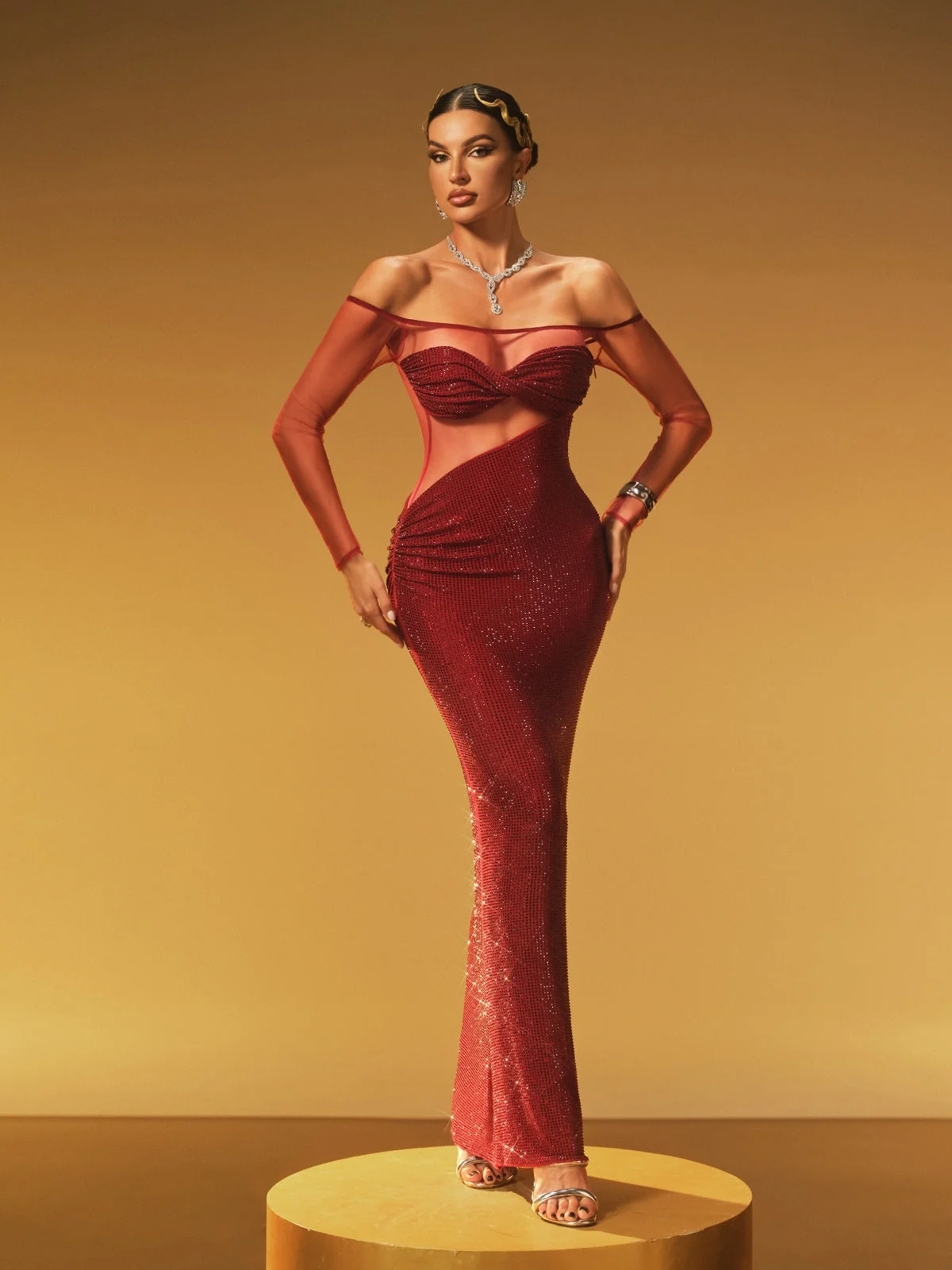 Elegant Rhinestone Off-Shoulder Maxi Dress in Red