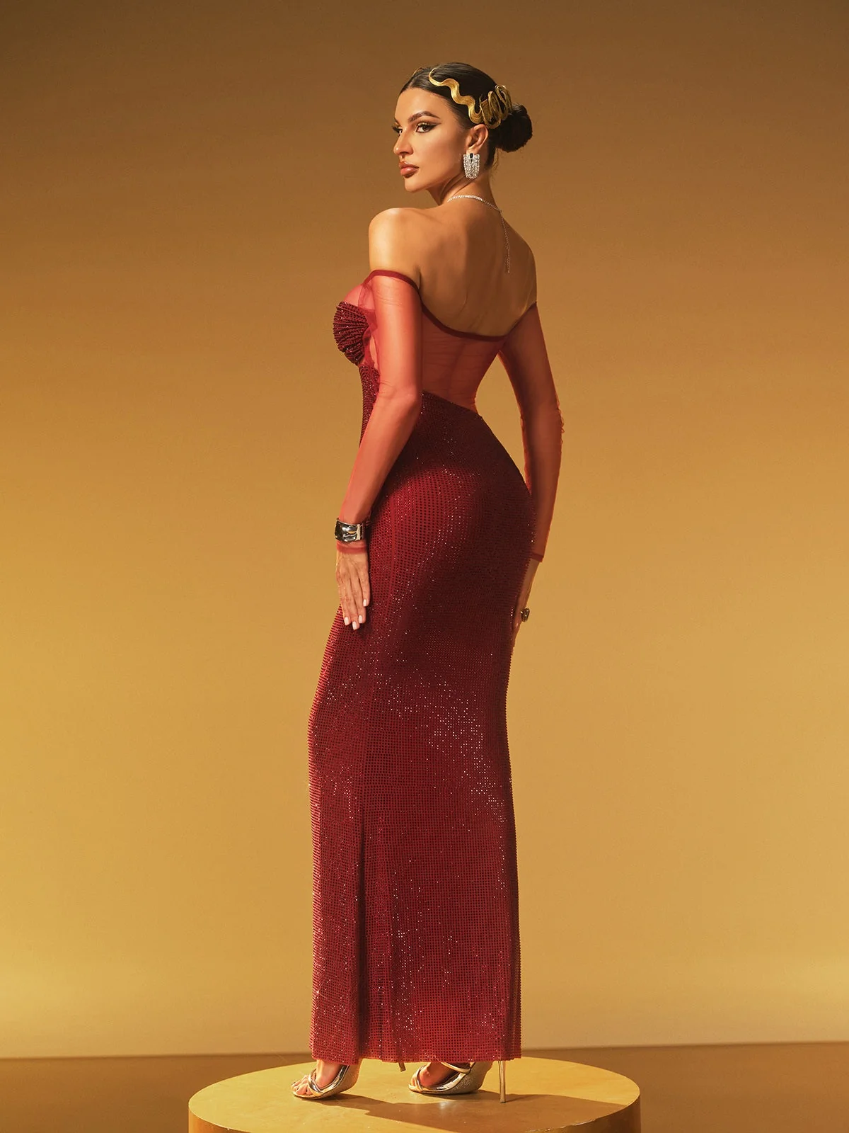 Elegant Rhinestone Off-Shoulder Maxi Dress in Red