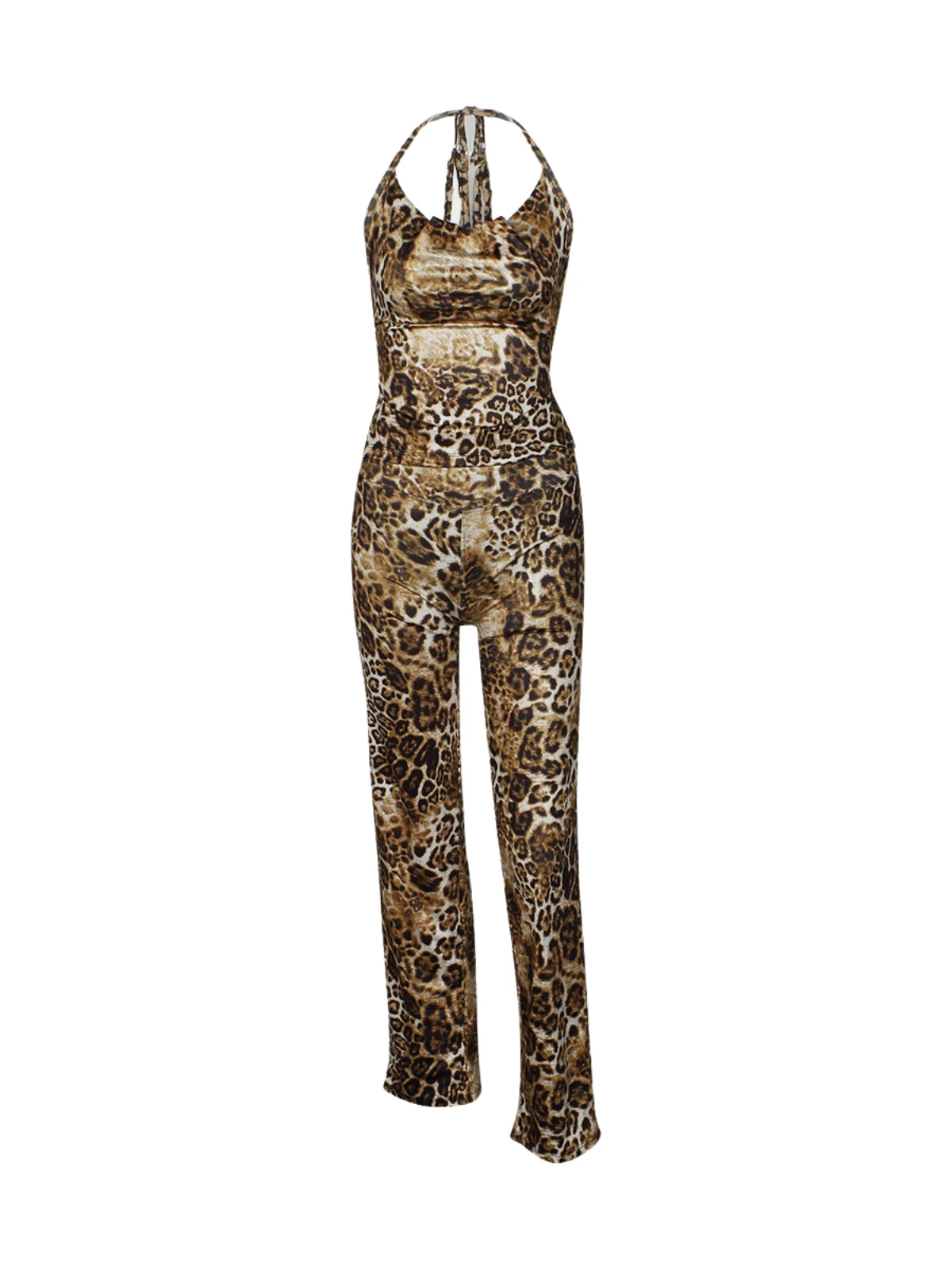 Leopard Print Backless Pants Set - Stylish Halter Neck Design