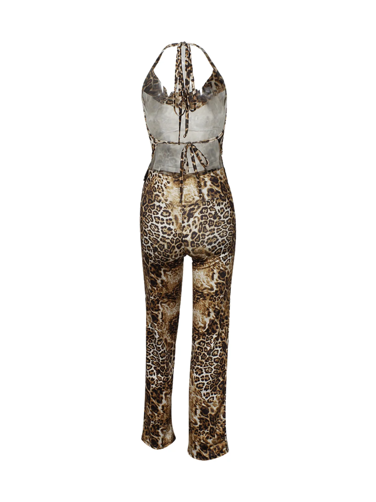Leopard Print Backless Pants Set - Stylish Halter Neck Design
