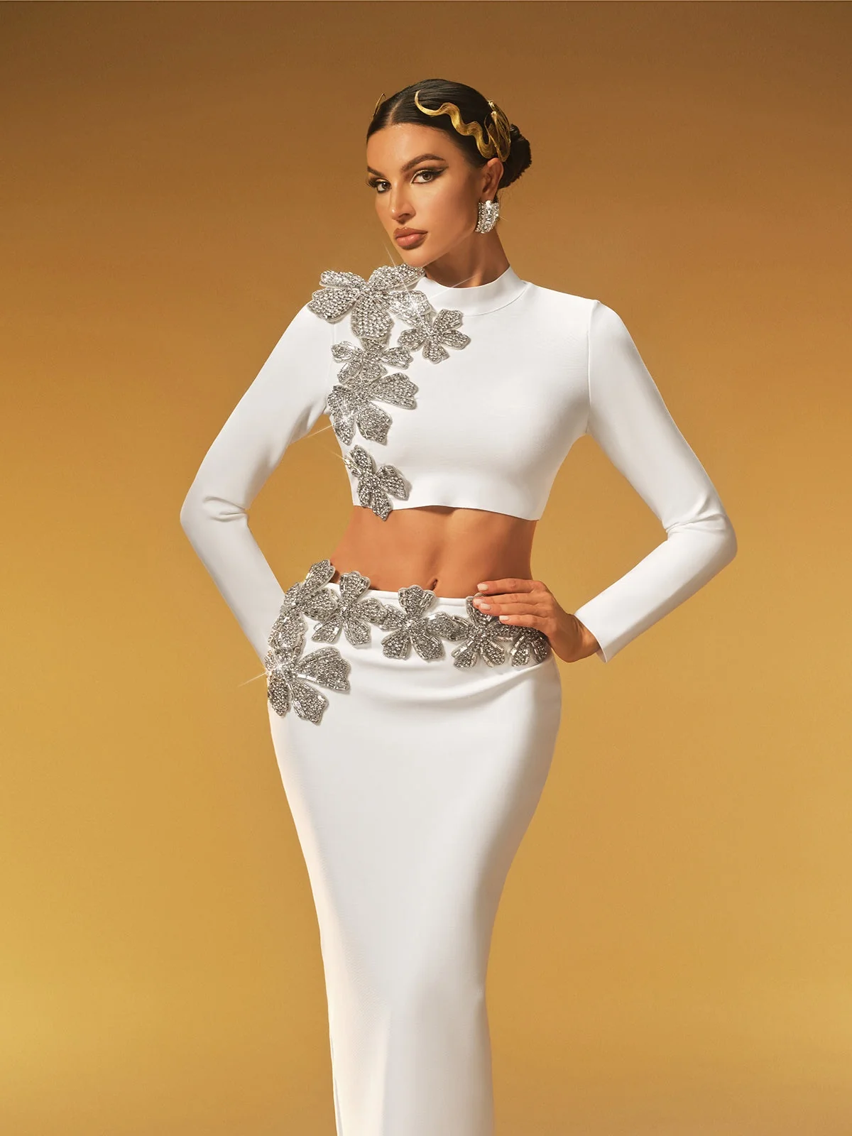 White Floral Bandage Skirt Set - Elegant Long Sleeve