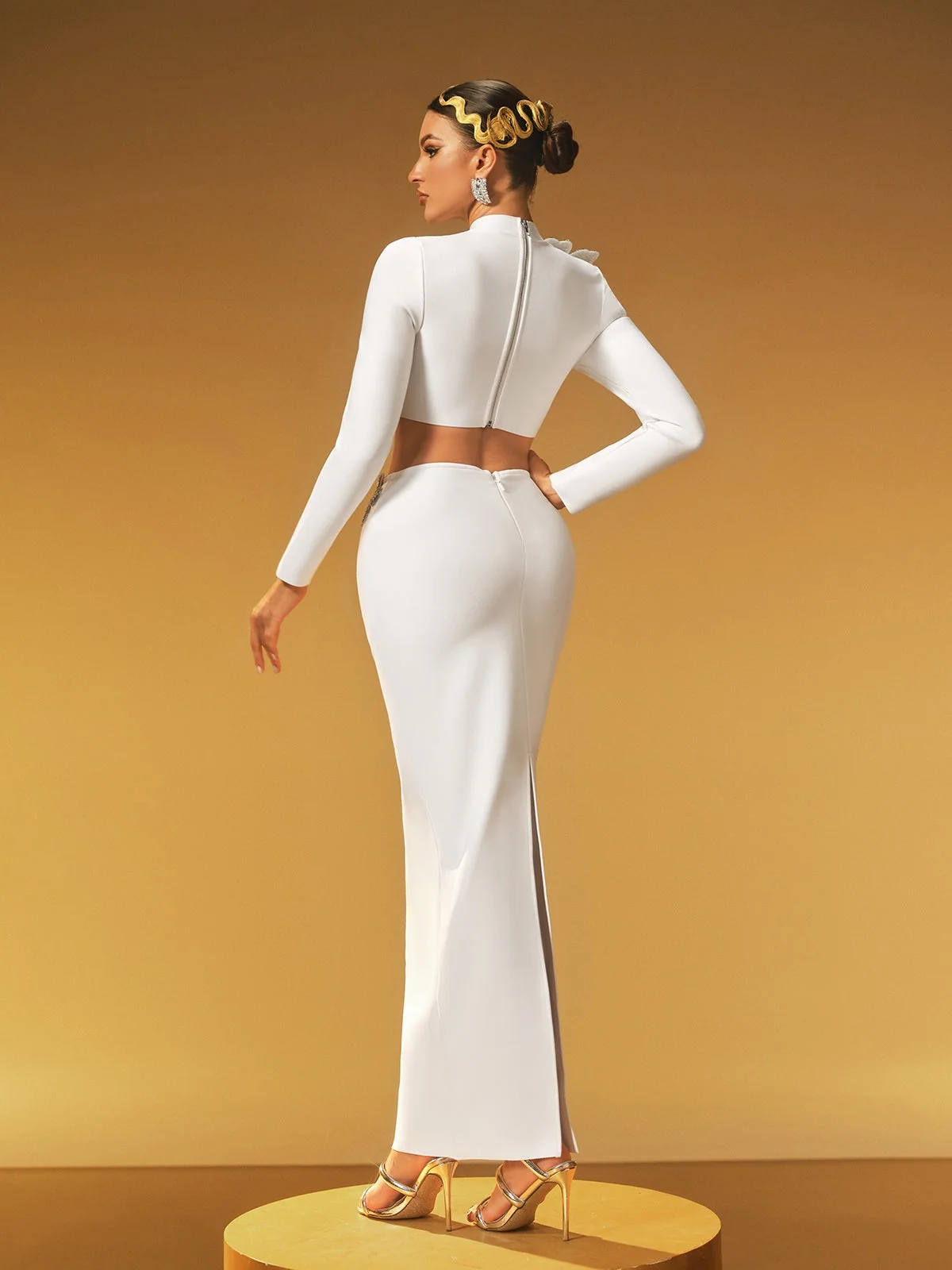 White Floral Bandage Skirt Set - Elegant Long Sleeve