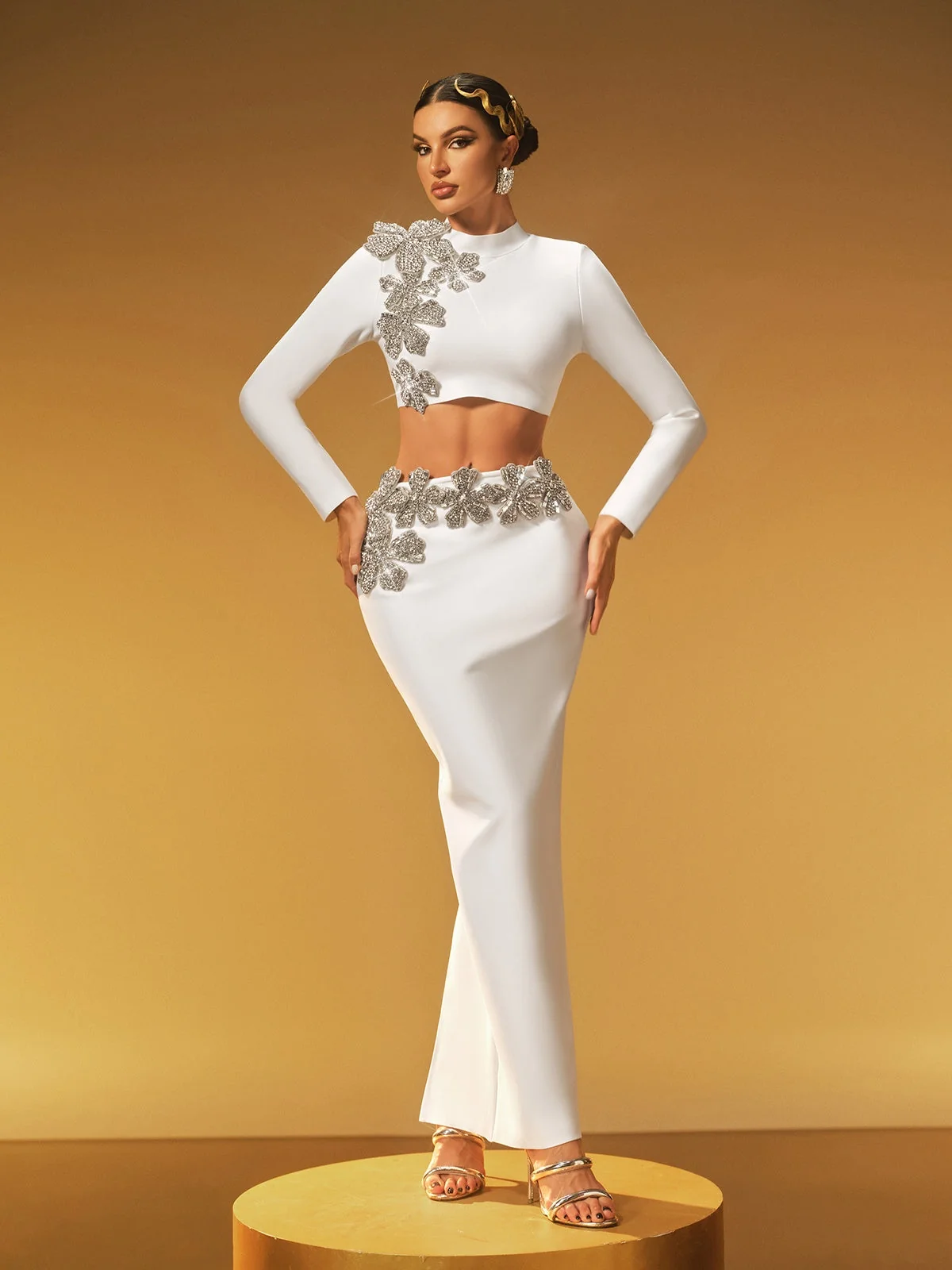 White Floral Bandage Skirt Set - Elegant Long Sleeve