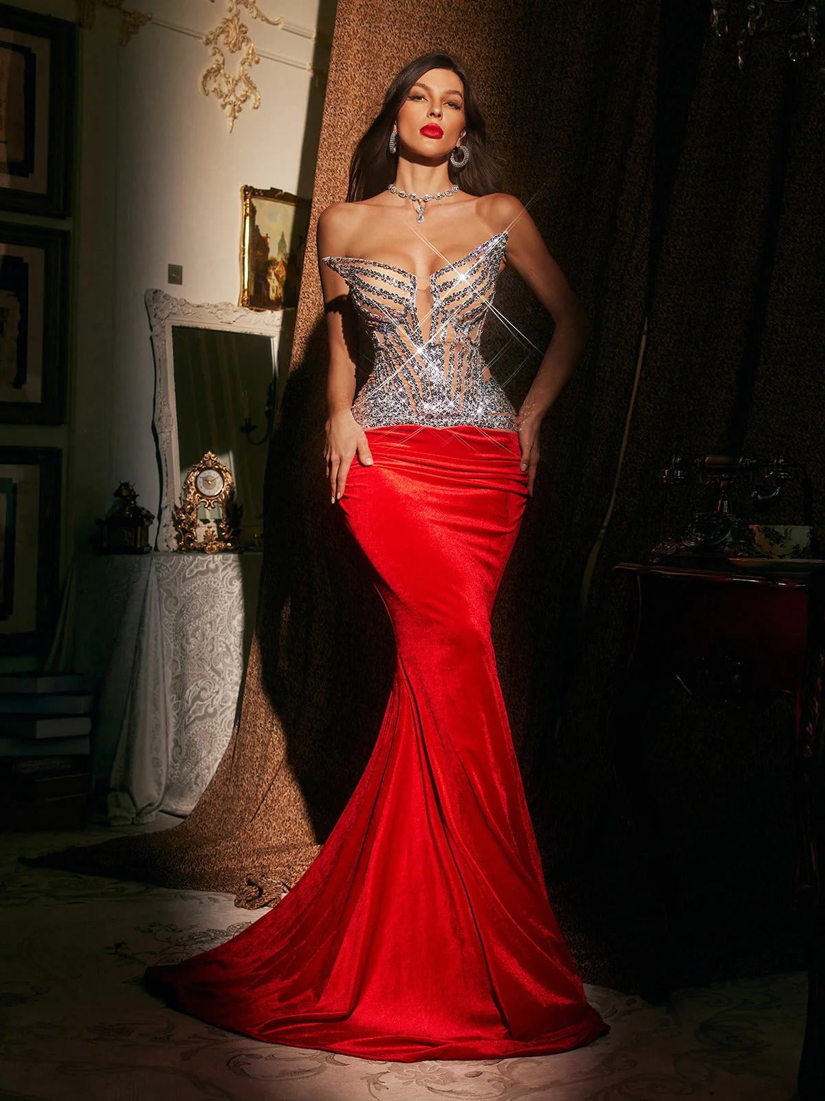 Red Sequin Mermaid Maxi Dress - Elegant Strapless Ruched Gown