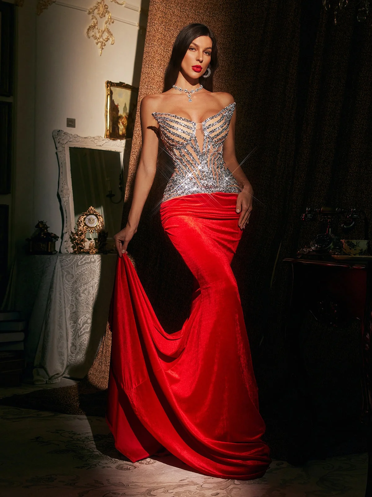 Red Sequin Mermaid Maxi Dress - Elegant Strapless Ruched Gown