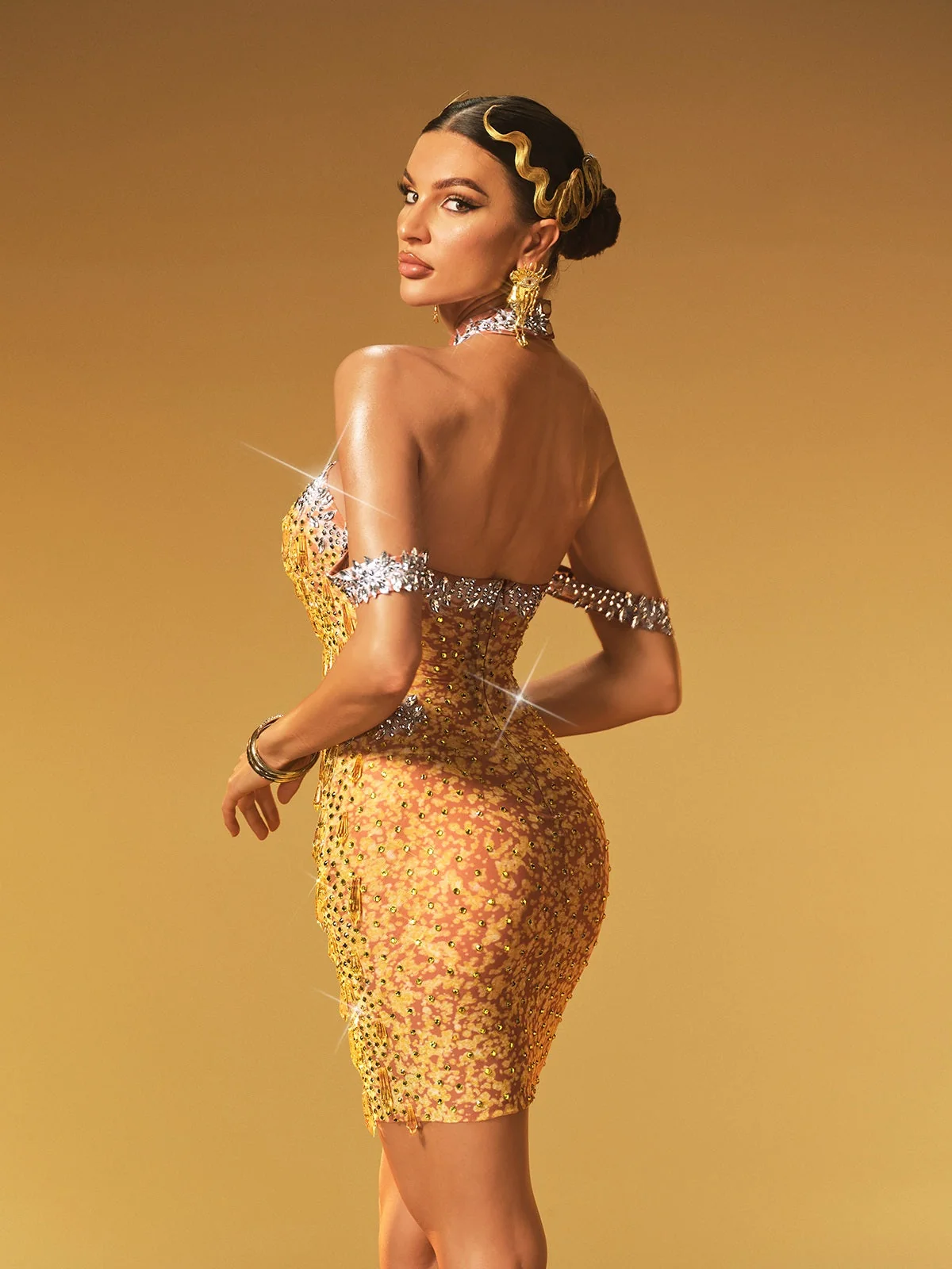 Chartreuse Crystal Mesh Halterneck Mini Dress