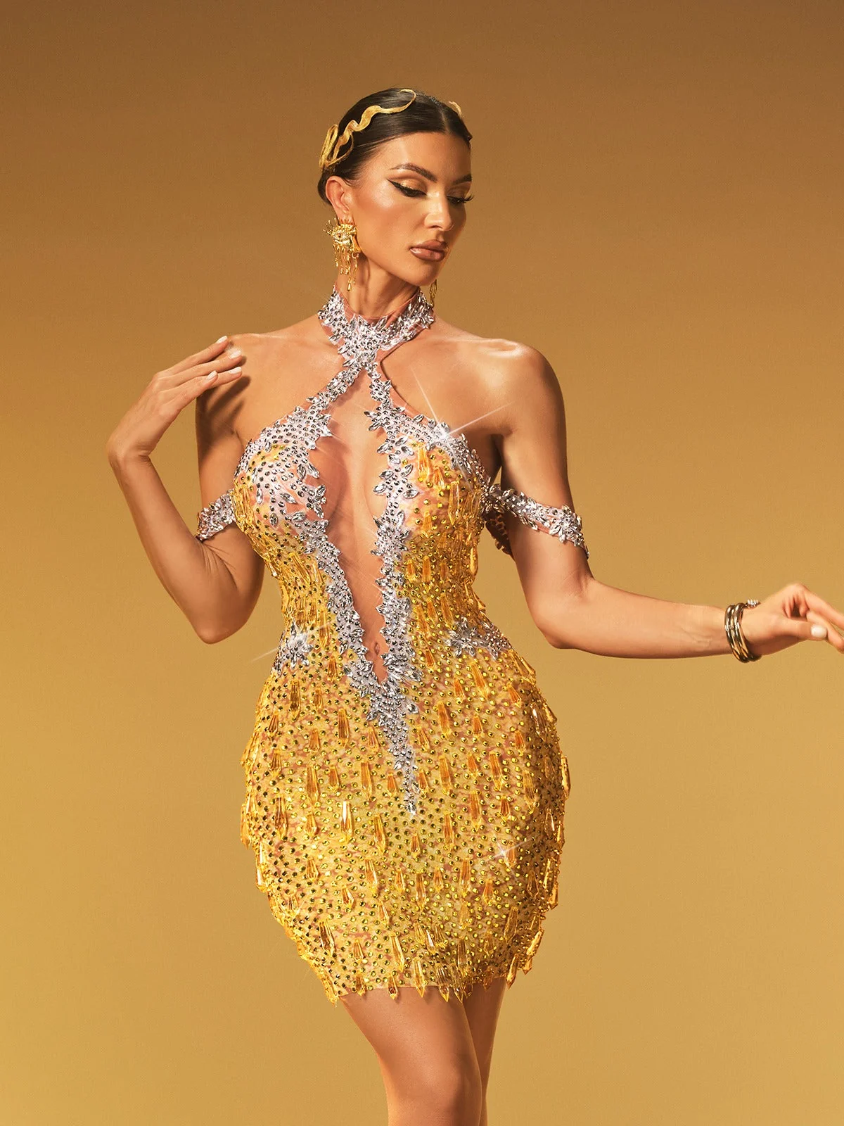 Chartreuse Crystal Mesh Halterneck Mini Dress