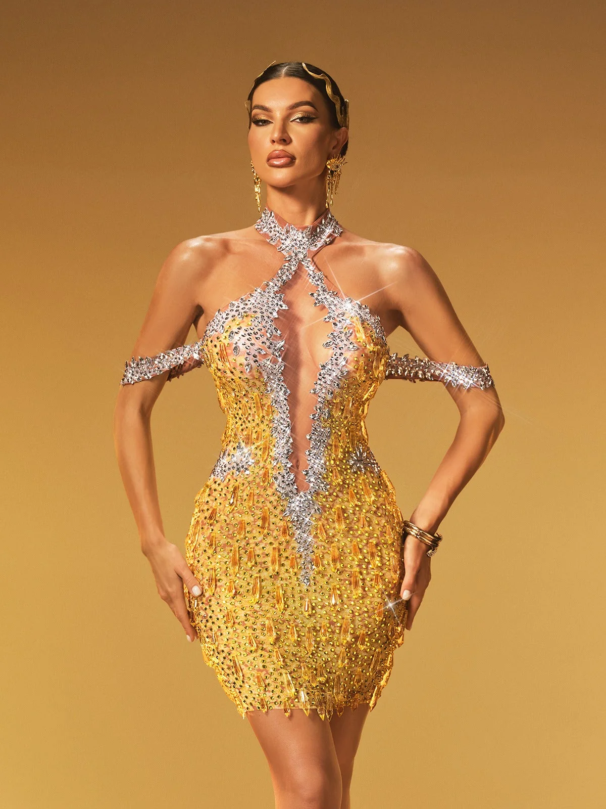 Chartreuse Crystal Mesh Halterneck Mini Dress