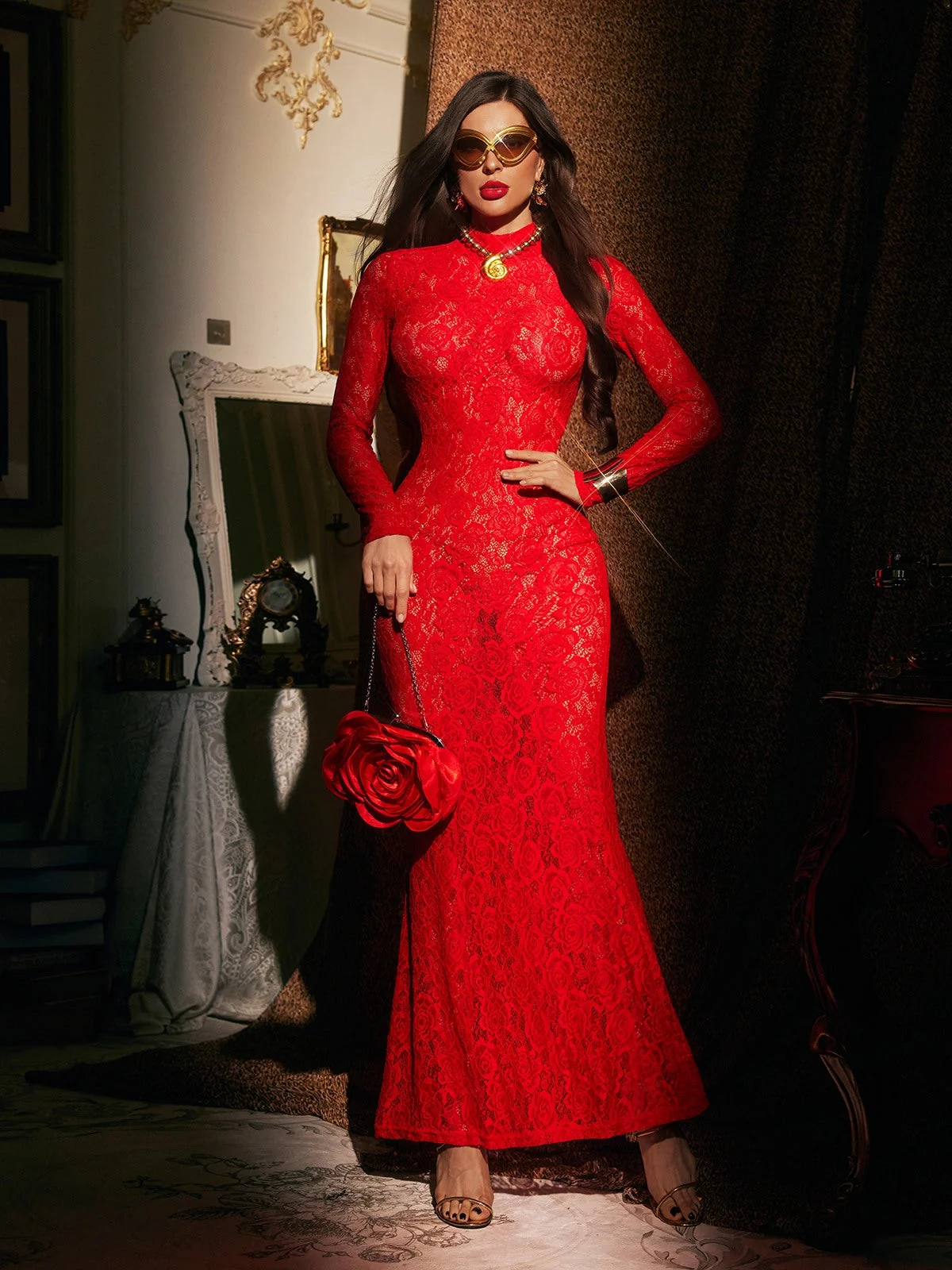 Elegant Lace Maxi Dress with Long Sleeves