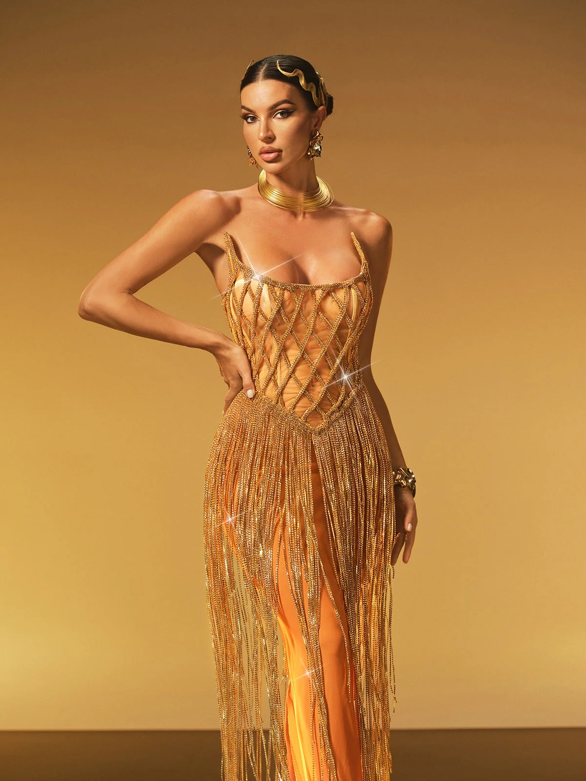 Elegant Strapless Fringe Mesh Maxi Dress in Gold