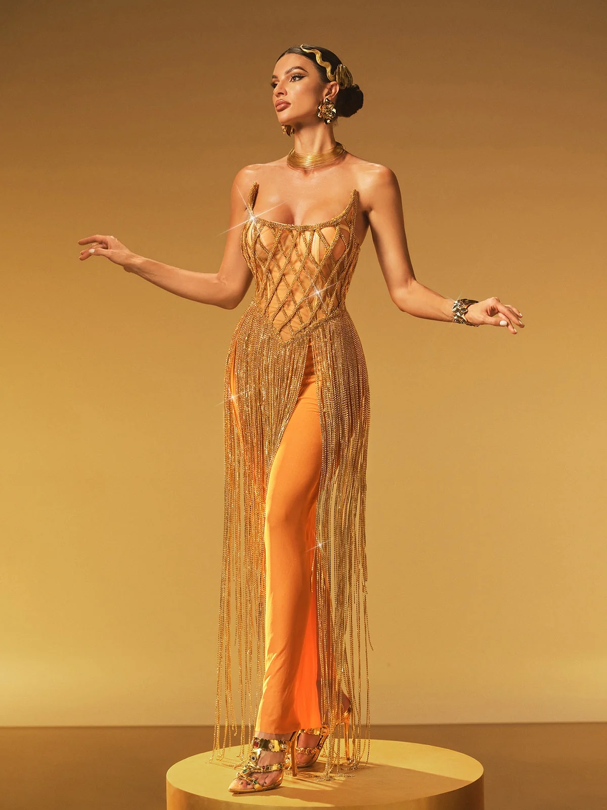 Elegant Strapless Fringe Mesh Maxi Dress in Gold