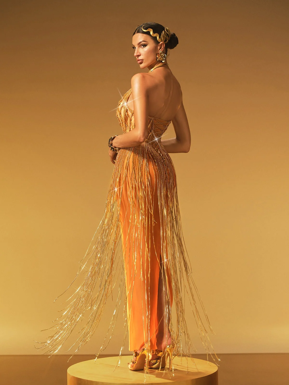 Elegant Strapless Fringe Mesh Maxi Dress in Gold