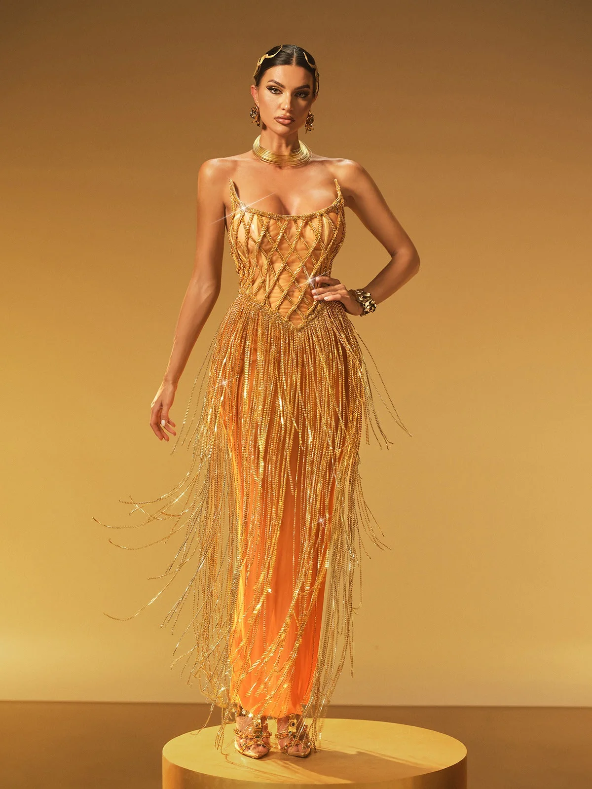 Elegant Strapless Fringe Mesh Maxi Dress in Gold