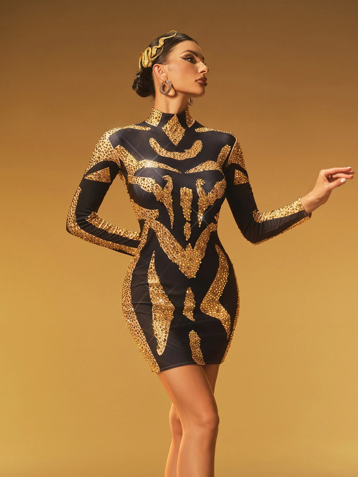 Sparkling Rhinestone High Neck Mini Dress - Elegant Evening Wear