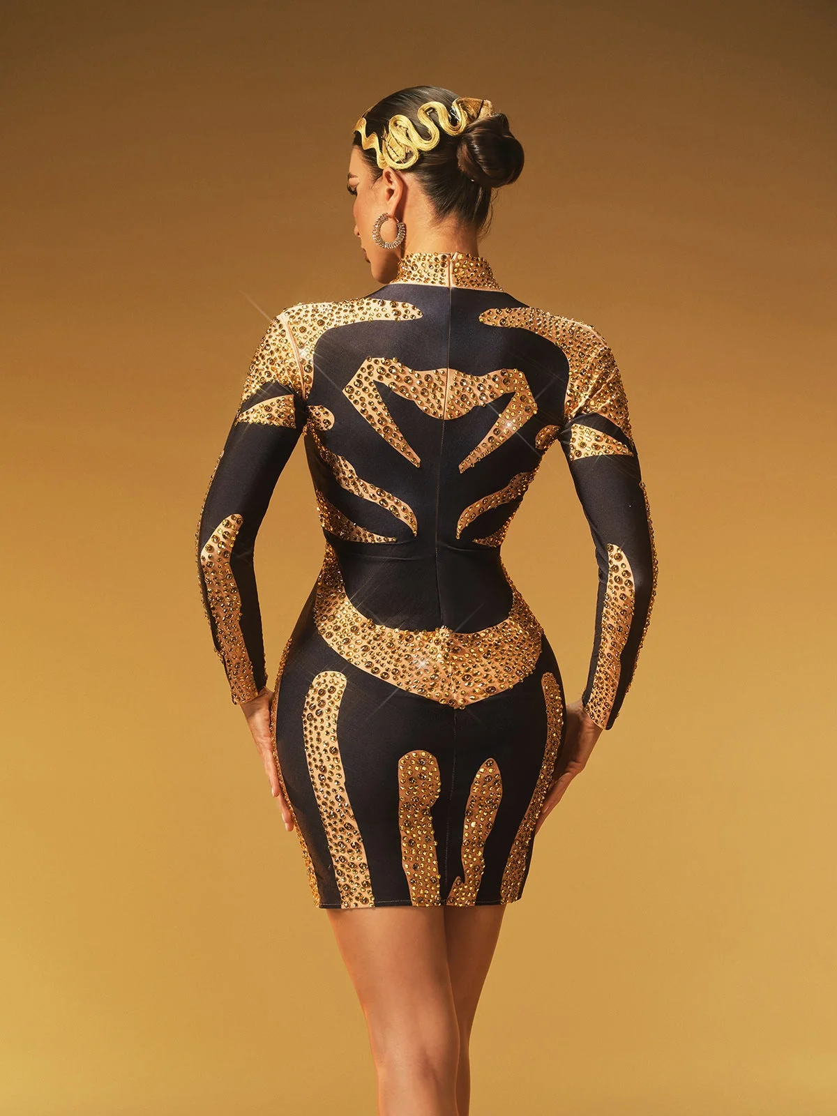 Sparkling Rhinestone High Neck Mini Dress - Elegant Evening Wear