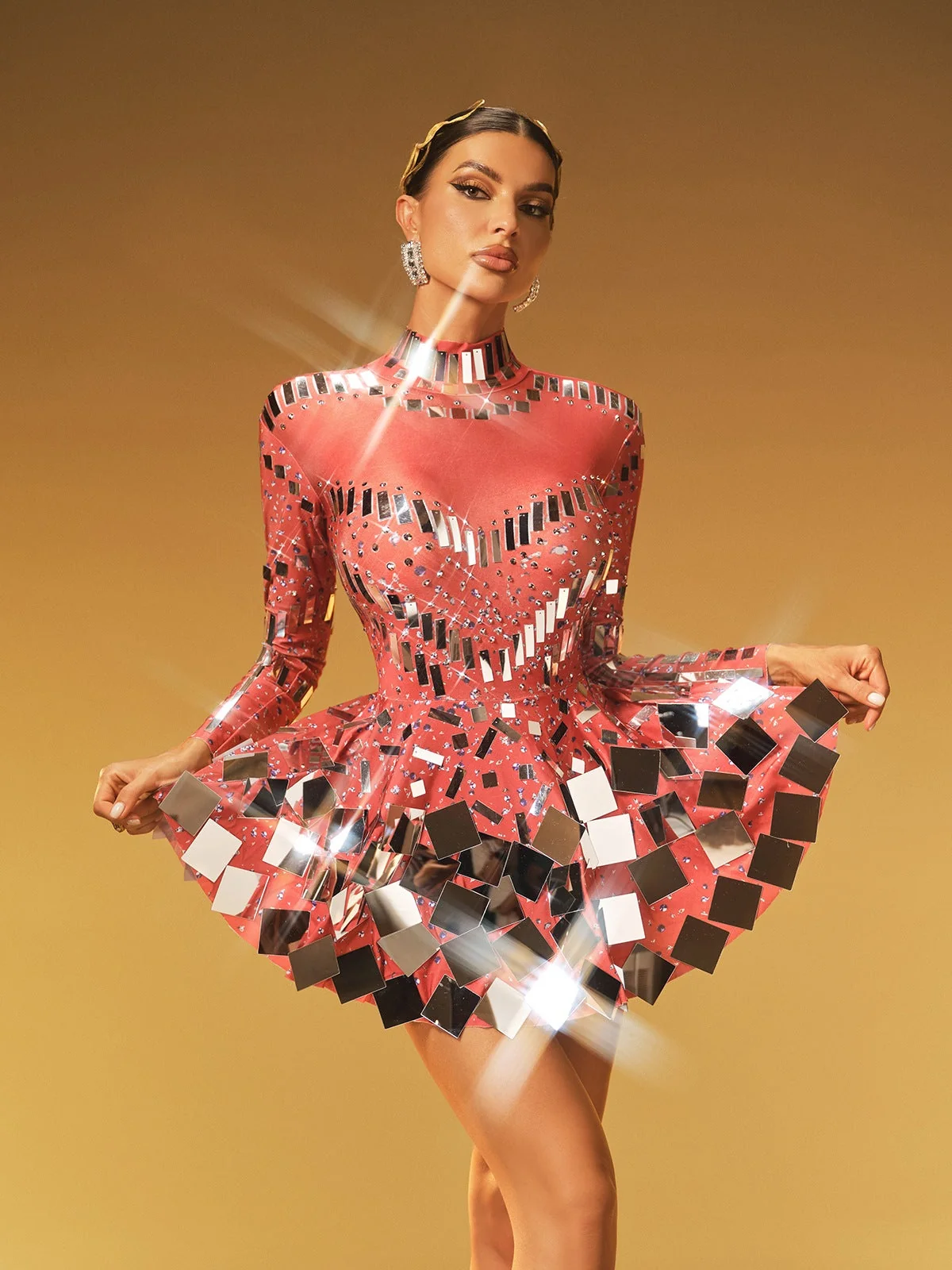 Red Embellished Long Sleeve Mini Dress - Elegant & Glamorous