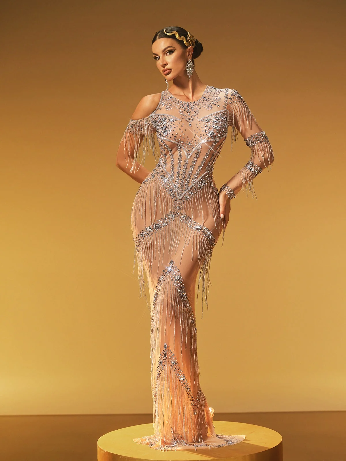 Elegant Fringe Embellished Maxi Dress