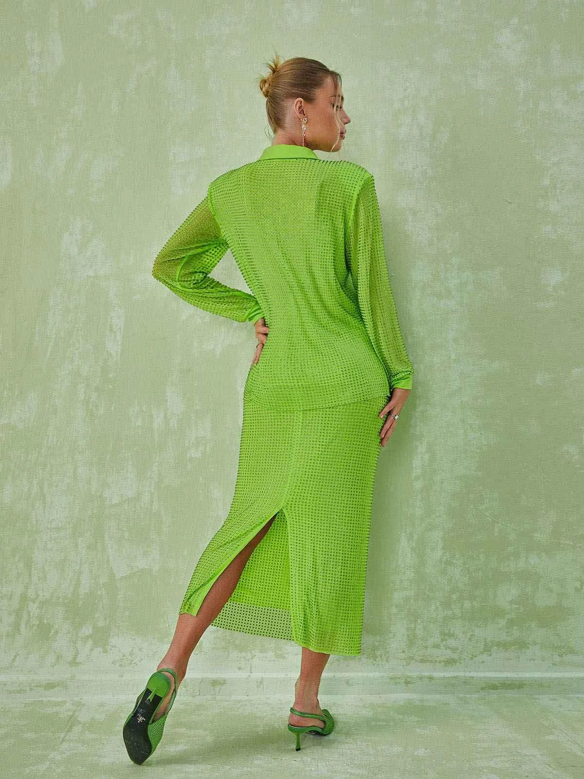 Elegant Crystal Embellished Shirt and Skirt Set for Women