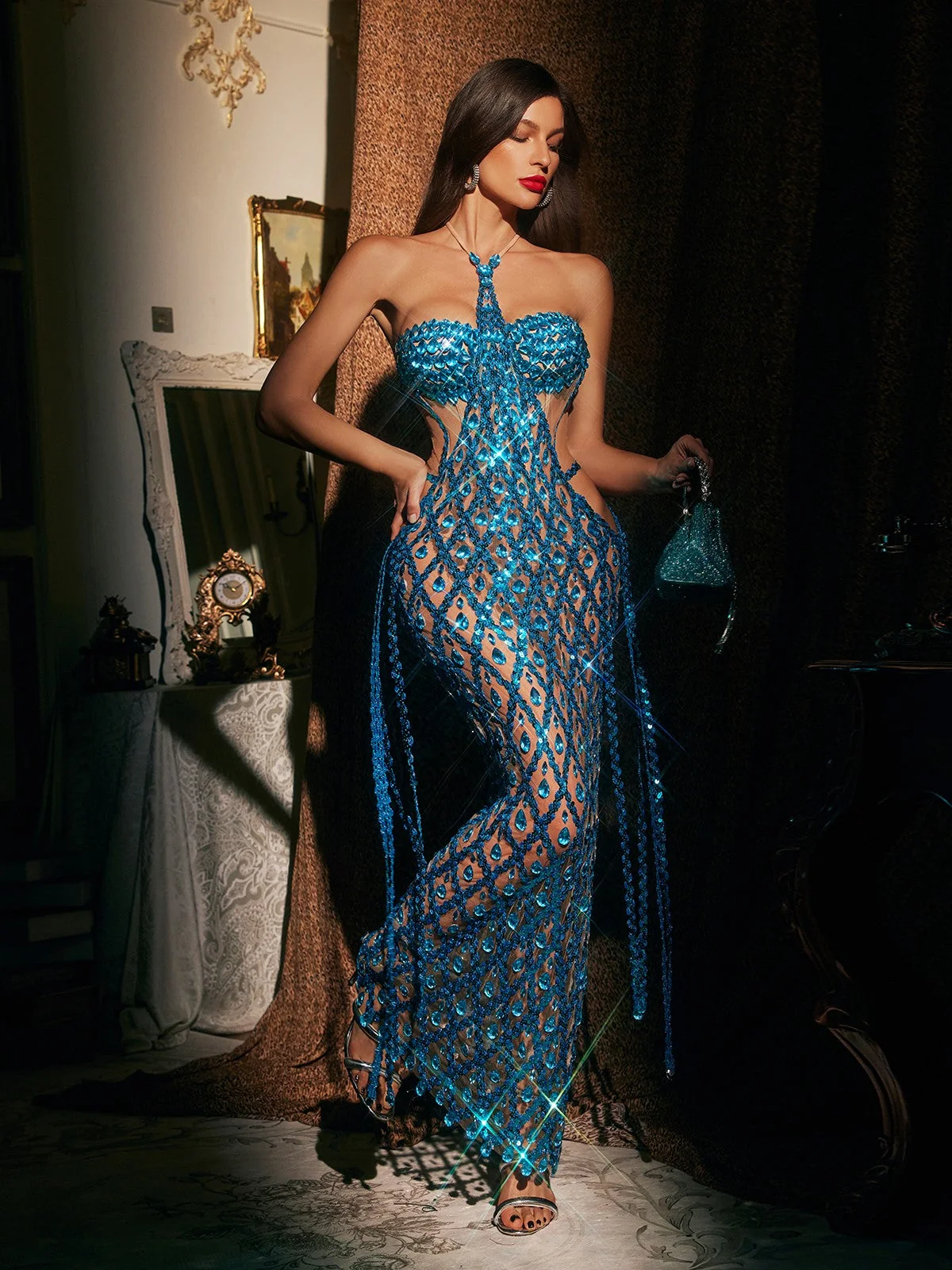 Blue Embellished Halterneck Mesh Maxi Dress
