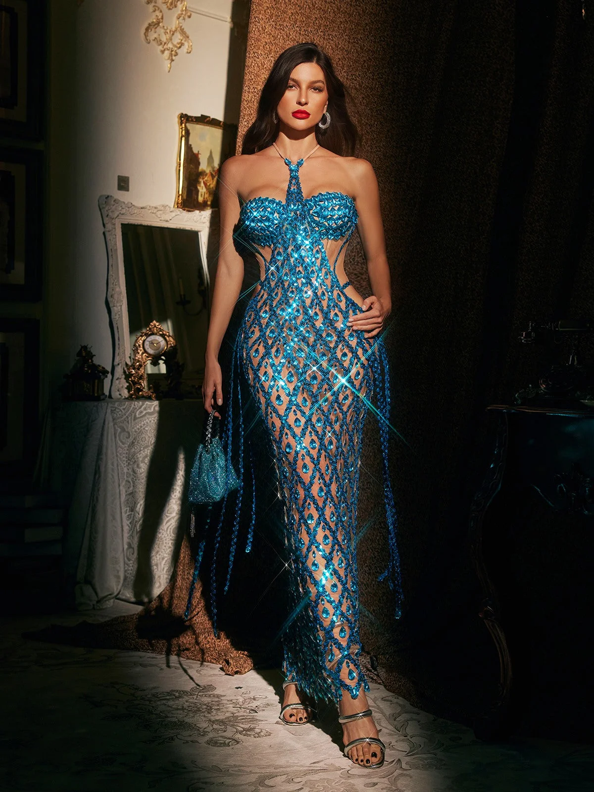 Blue Embellished Halterneck Mesh Maxi Dress