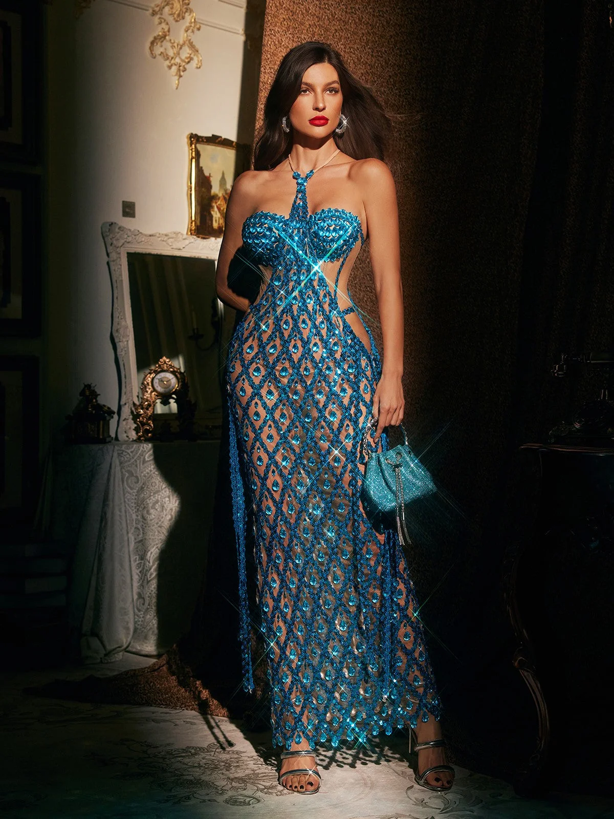 Blue Embellished Halterneck Mesh Maxi Dress