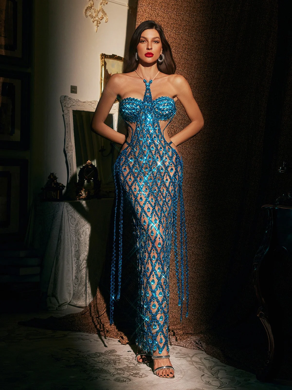 Blue Embellished Halterneck Mesh Maxi Dress