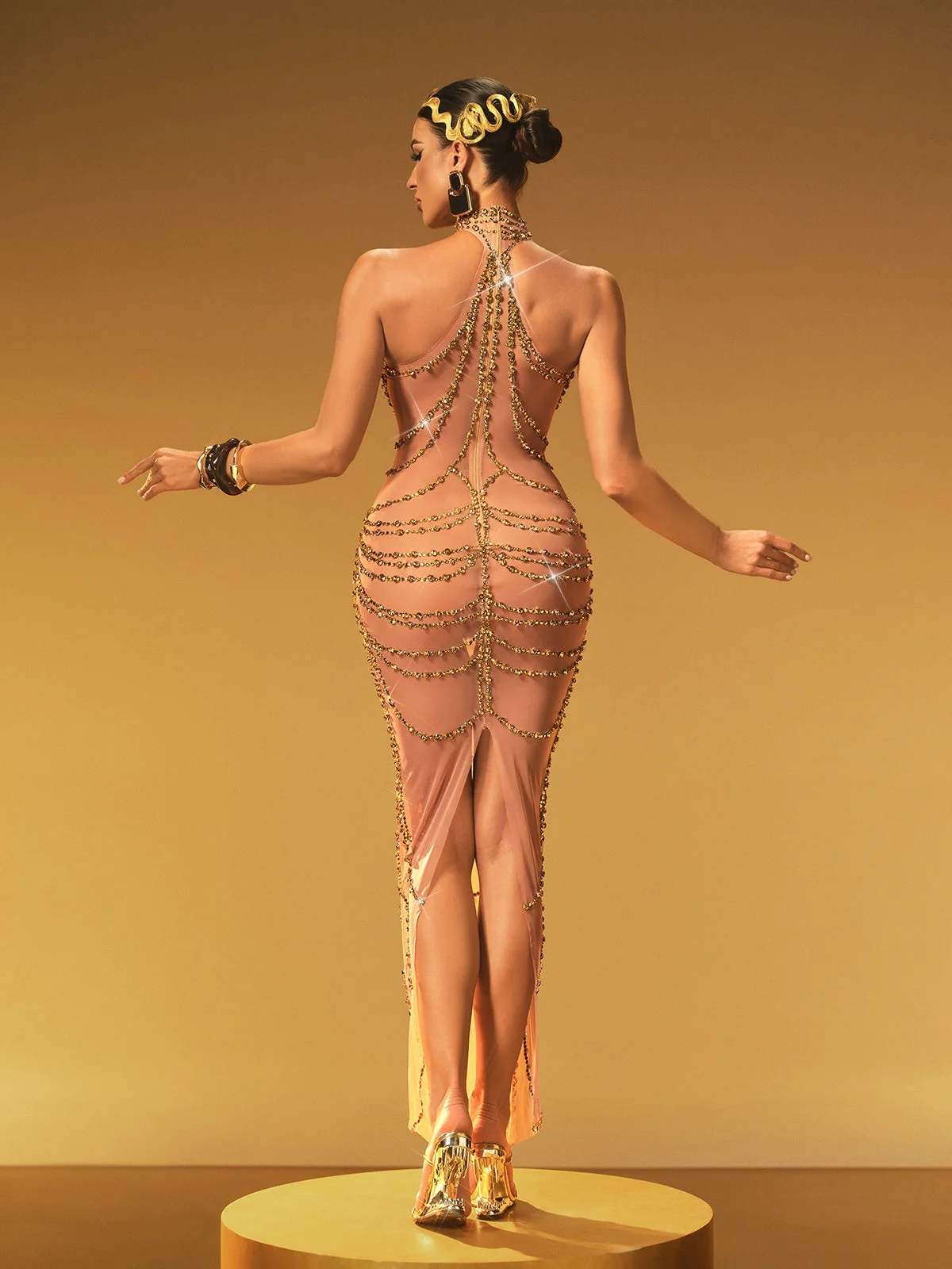 Gold Halterneck Rhinestone Maxi Dress - Elegant & Comfortable