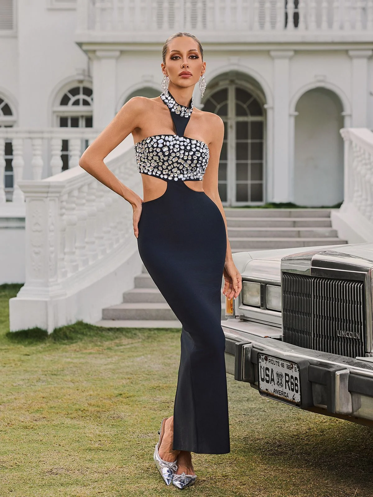 Black Crystal Embellished Halterneck Bandage Midi Dress