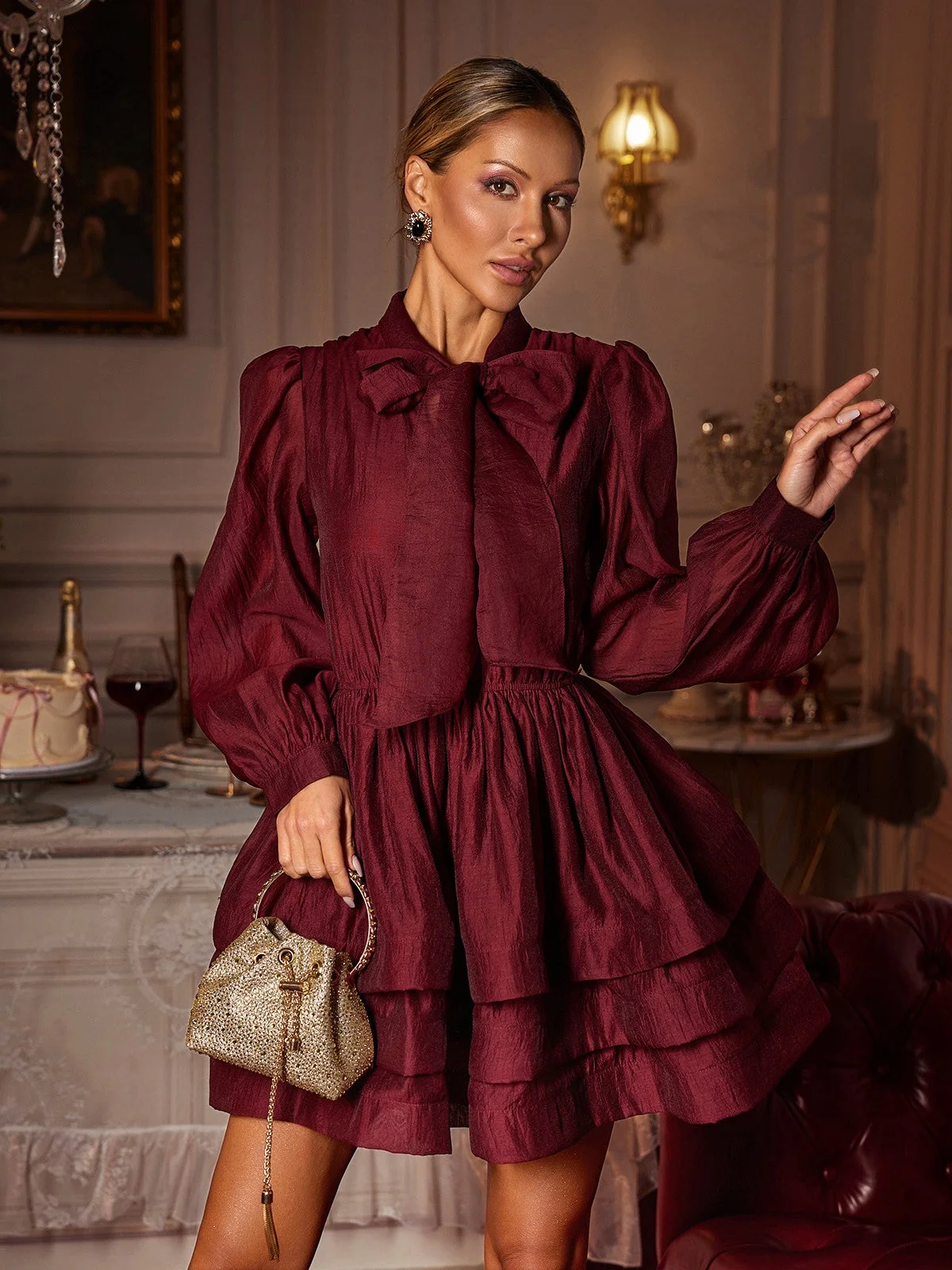 Red Bow Ruffle Mini Dress | Elegant Long Sleeve Style