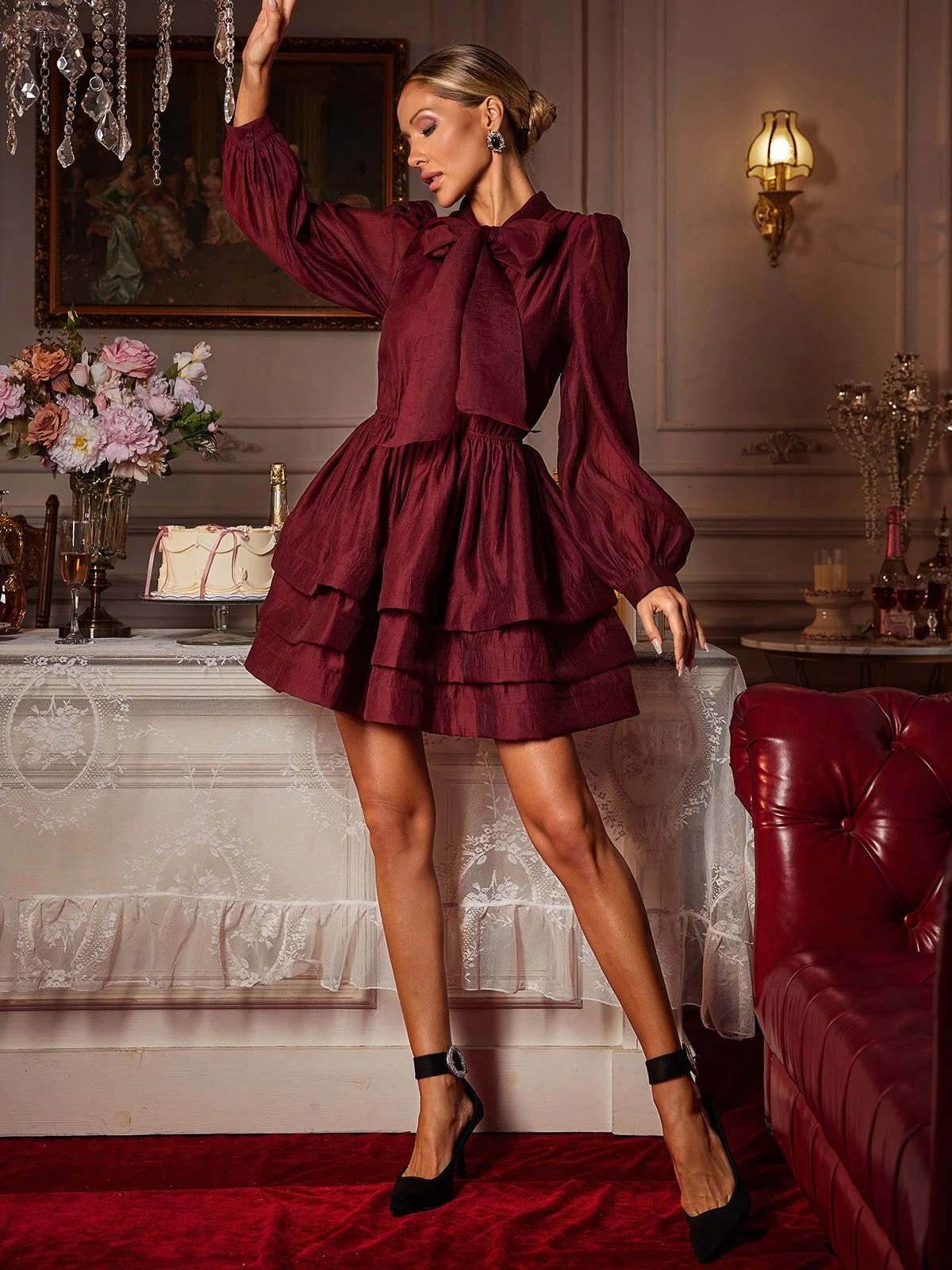 Red Bow Ruffle Mini Dress | Elegant Long Sleeve Style