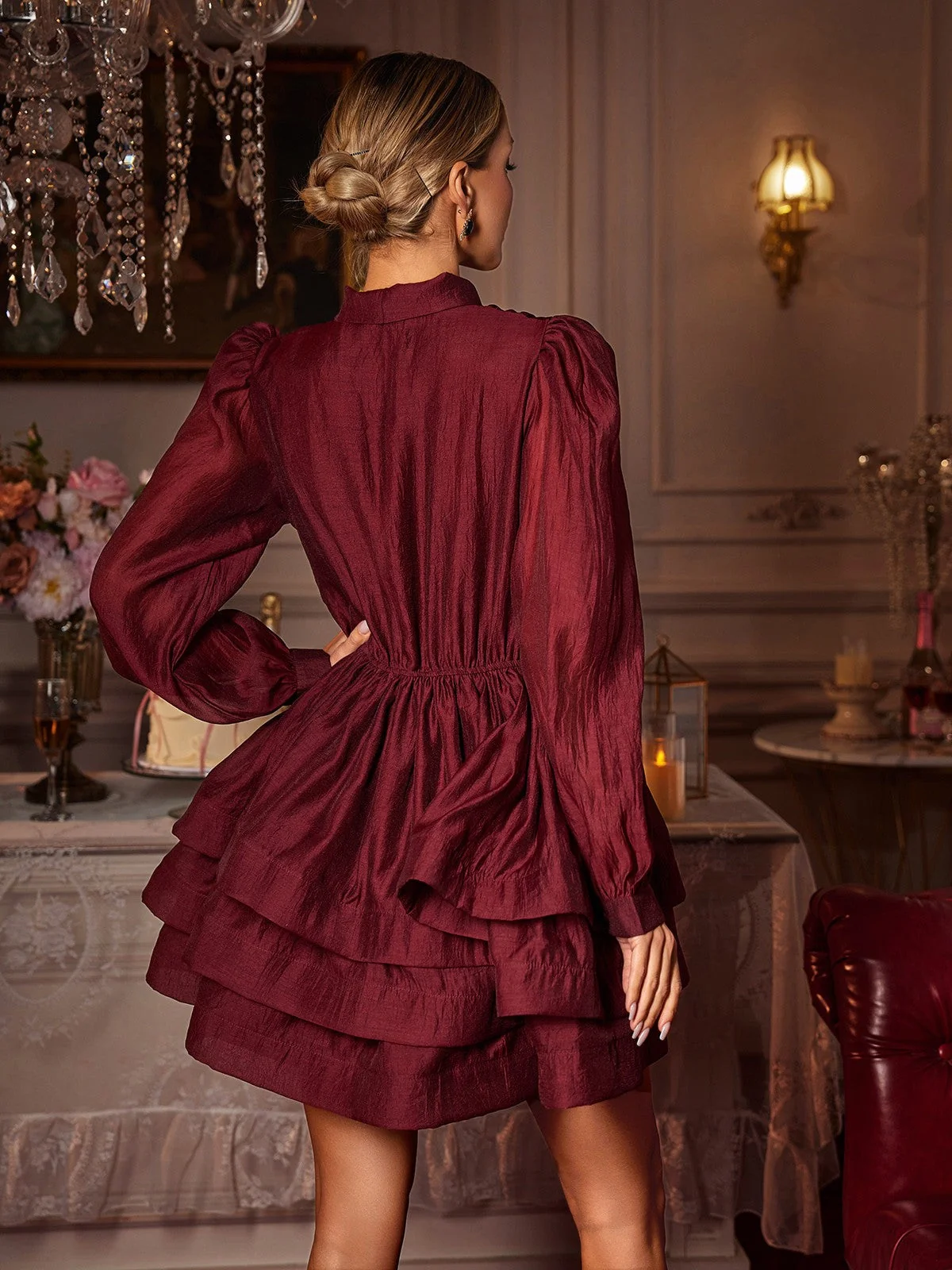 Red Bow Ruffle Mini Dress | Elegant Long Sleeve Style