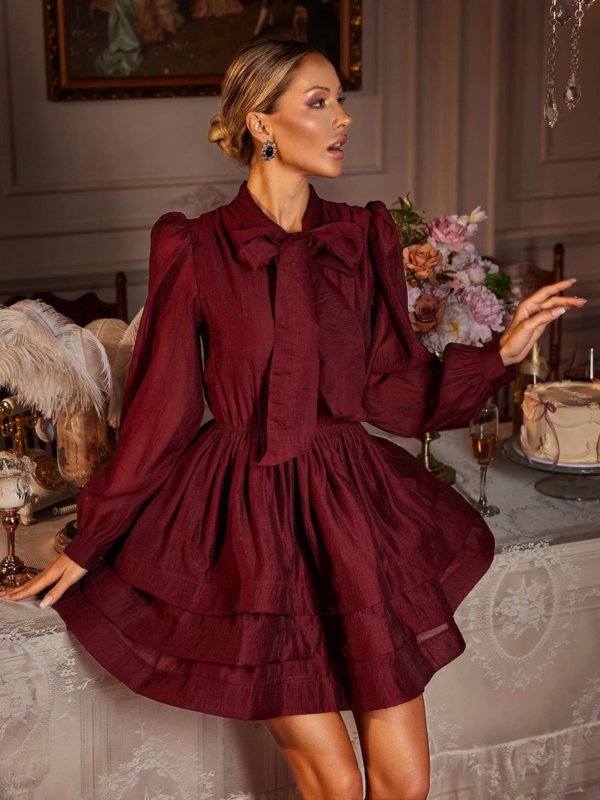 Red Bow Ruffle Mini Dress | Elegant Long Sleeve Style