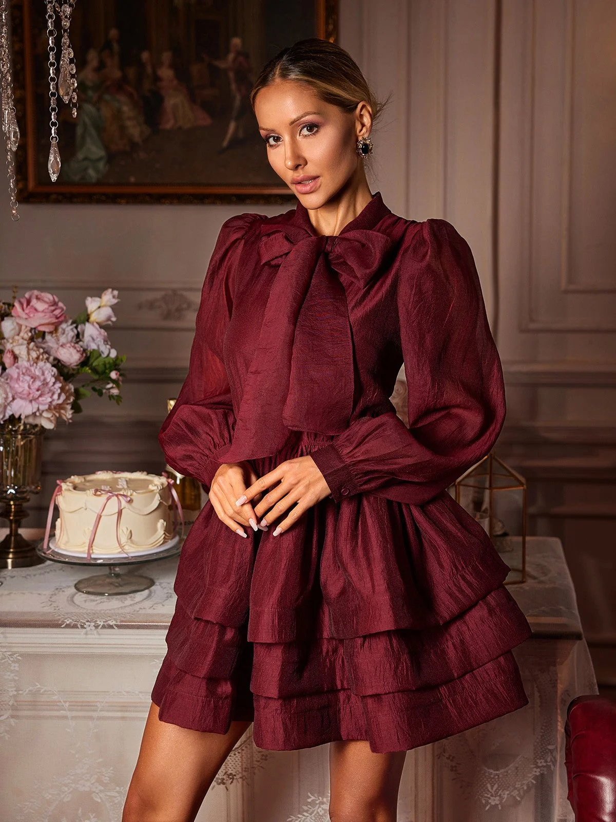 Red Bow Ruffle Mini Dress | Elegant Long Sleeve Style