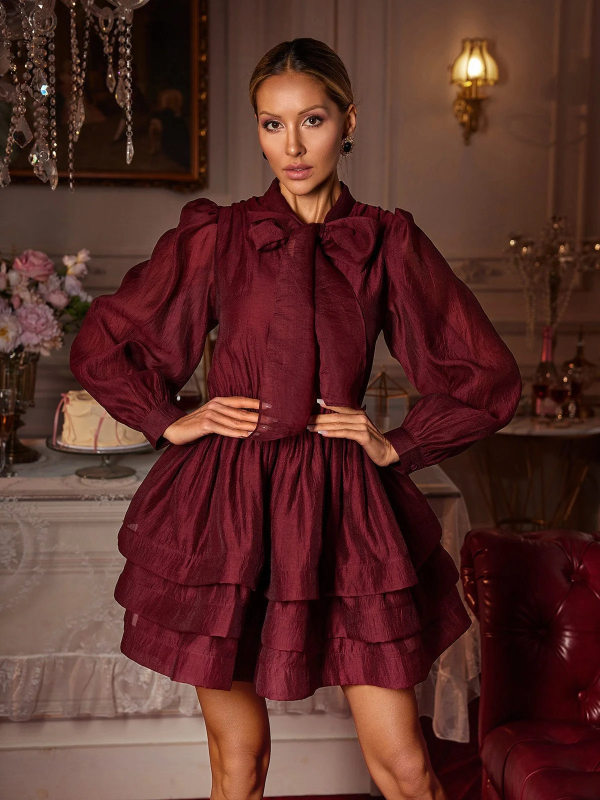 Red Bow Ruffle Mini Dress | Elegant Long Sleeve Style