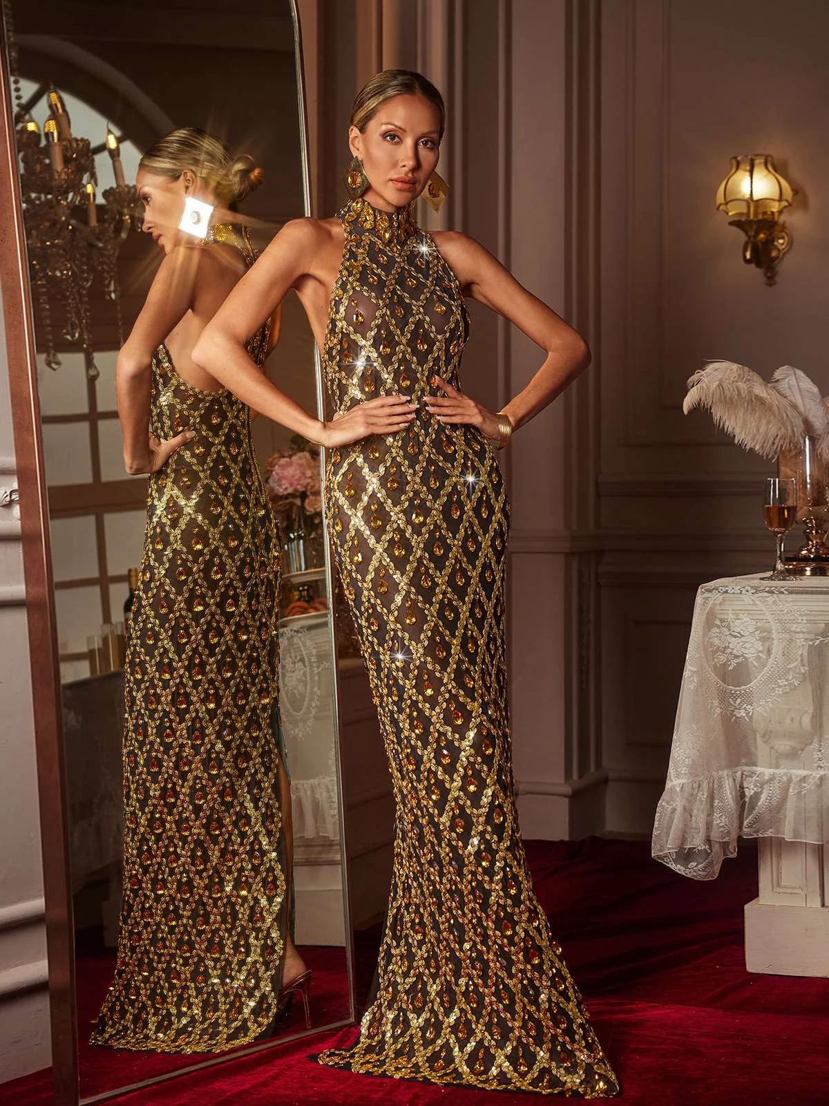 Gold Sequin Crystal Embellished Maxi Dress