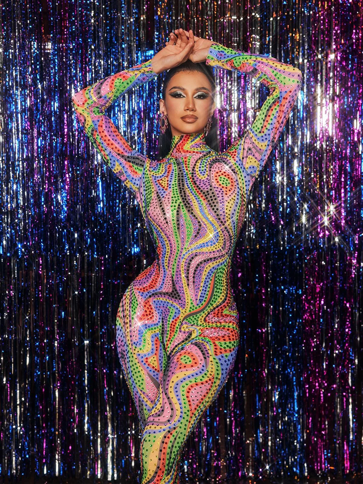 Glamour Rhinestone Embellished High Neck Jumpsuit