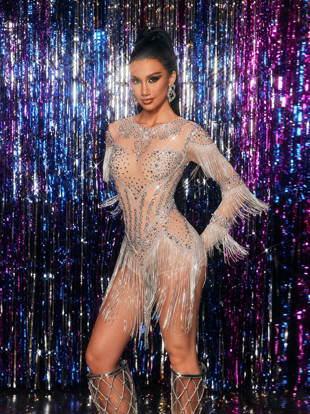 Silver Fringe Mesh Jumpsuit with Rhinestone Embellishments