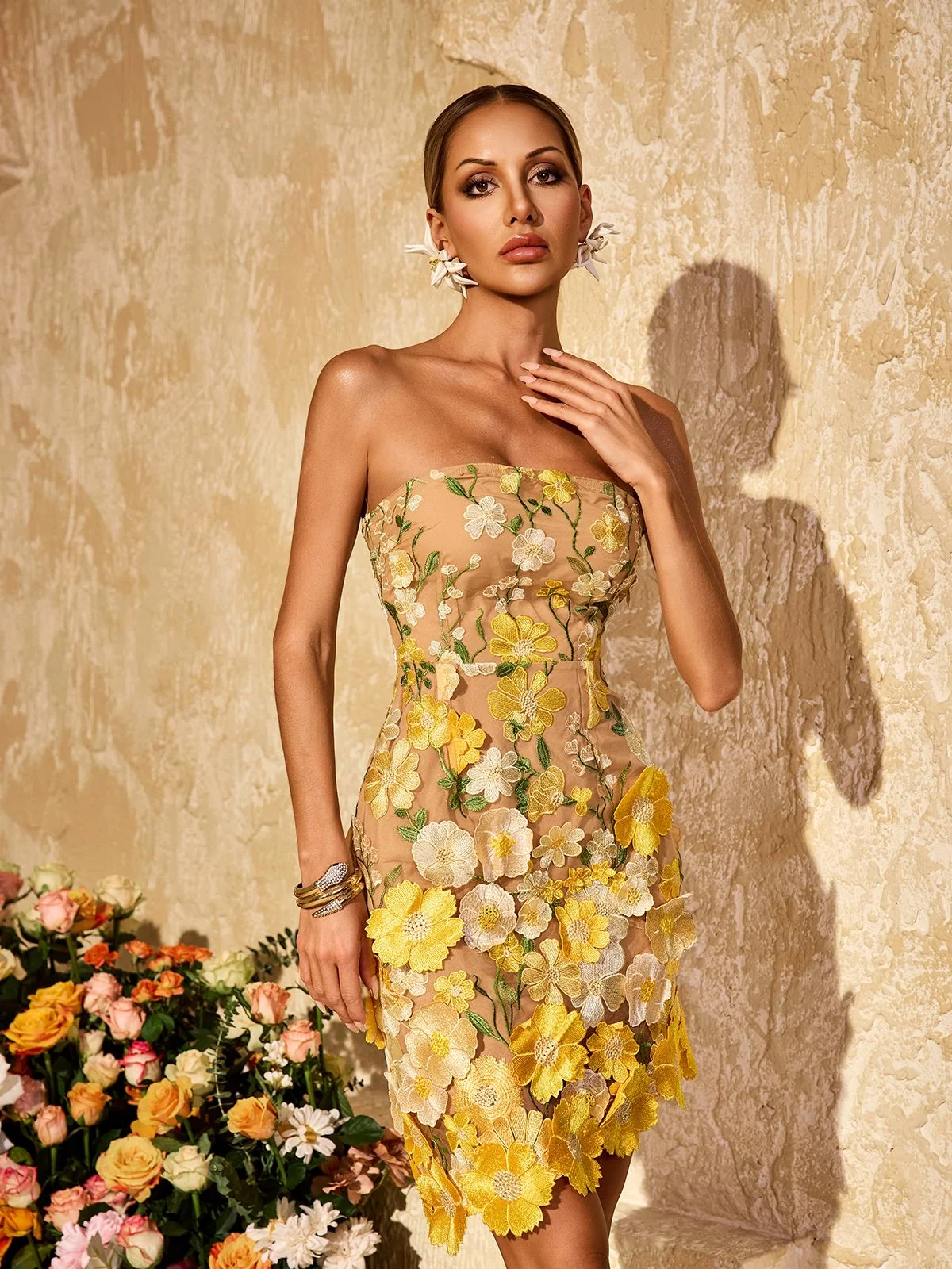 Yellow Floral Embroidered Strapless Mini Dress