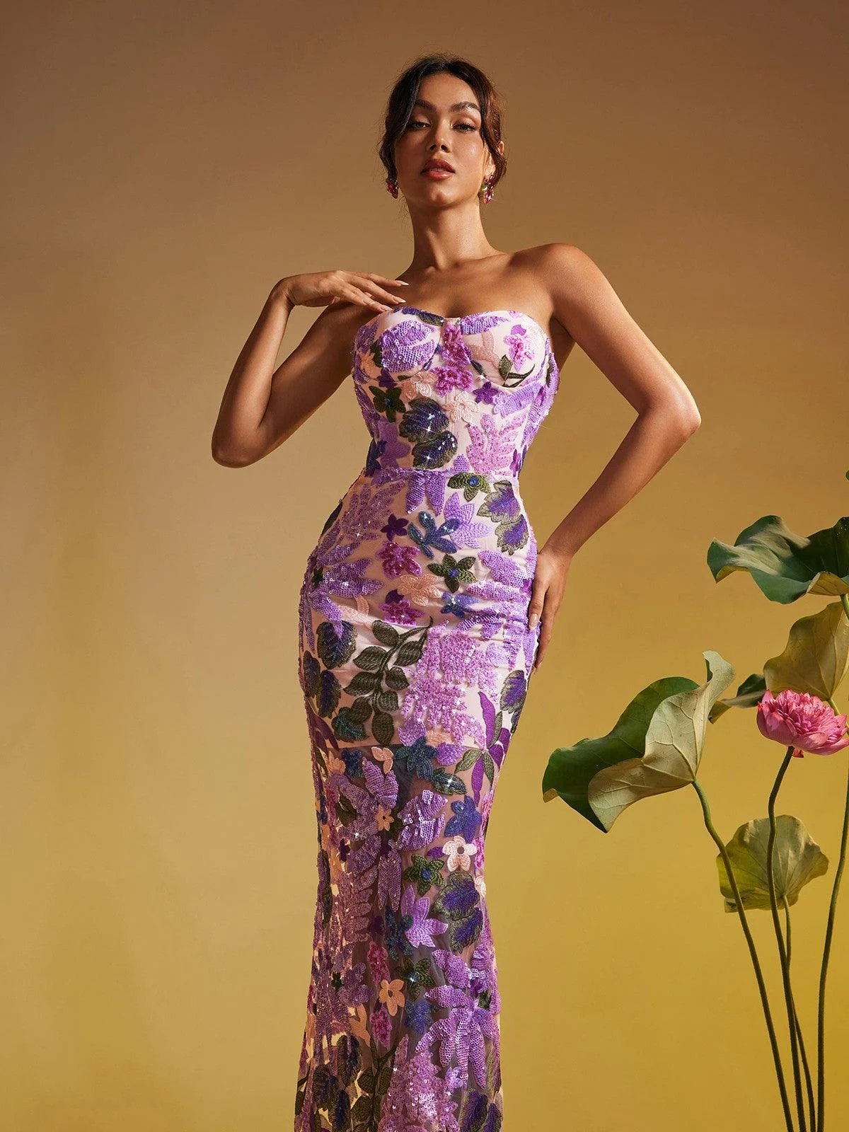 Purple Sequin Embroidered Maxi Dress - Elegant & Strapless