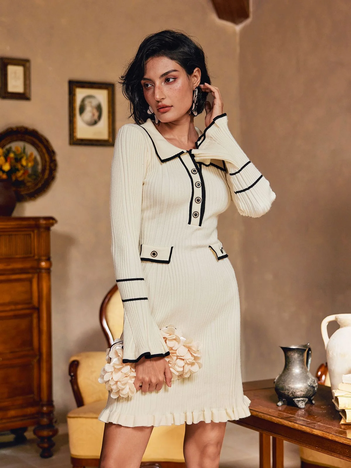 White Knitted Ruffle Long Sleeve Mini Dress