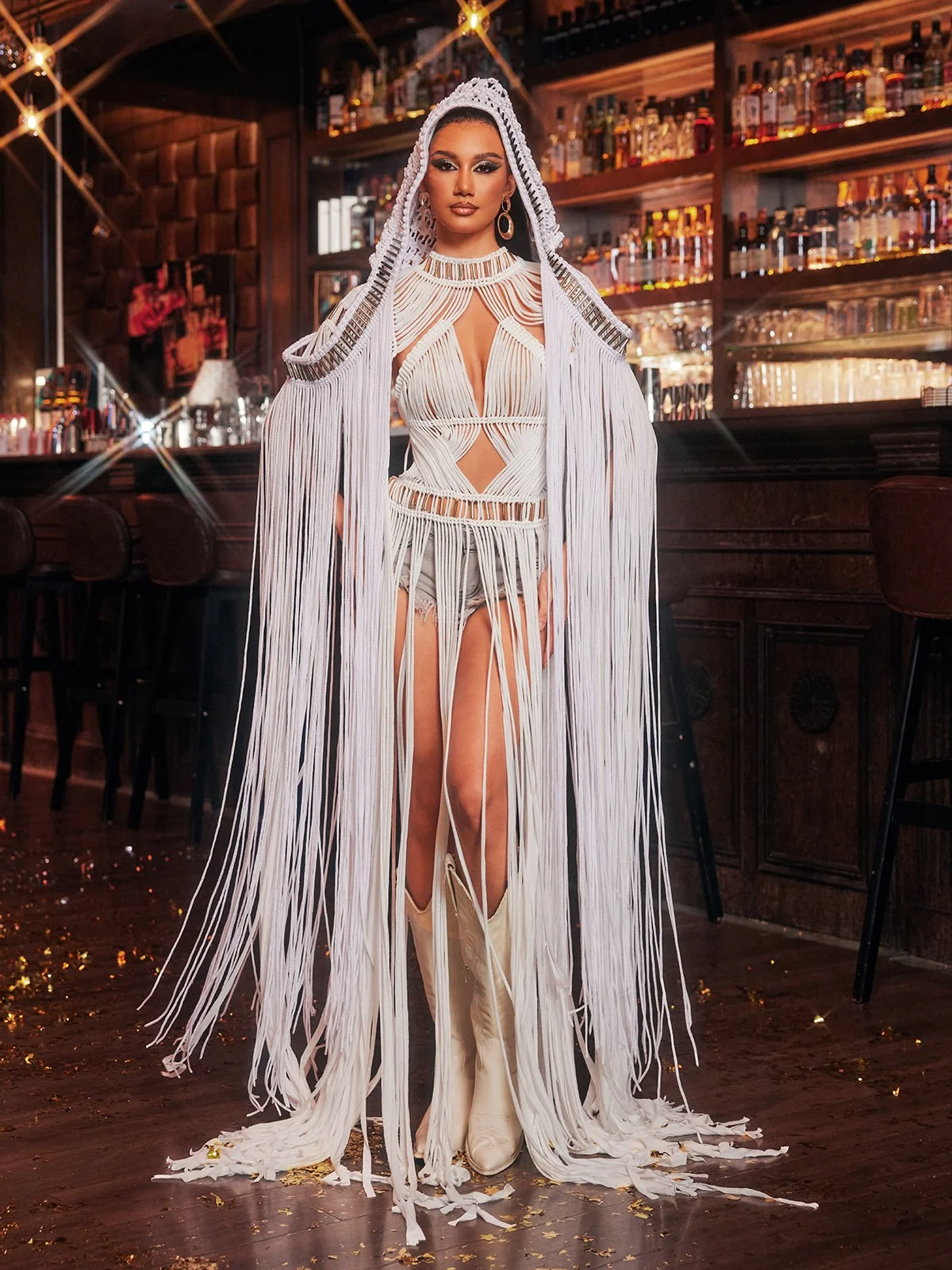 White Knit Fringe Hooded Cover Up for Women