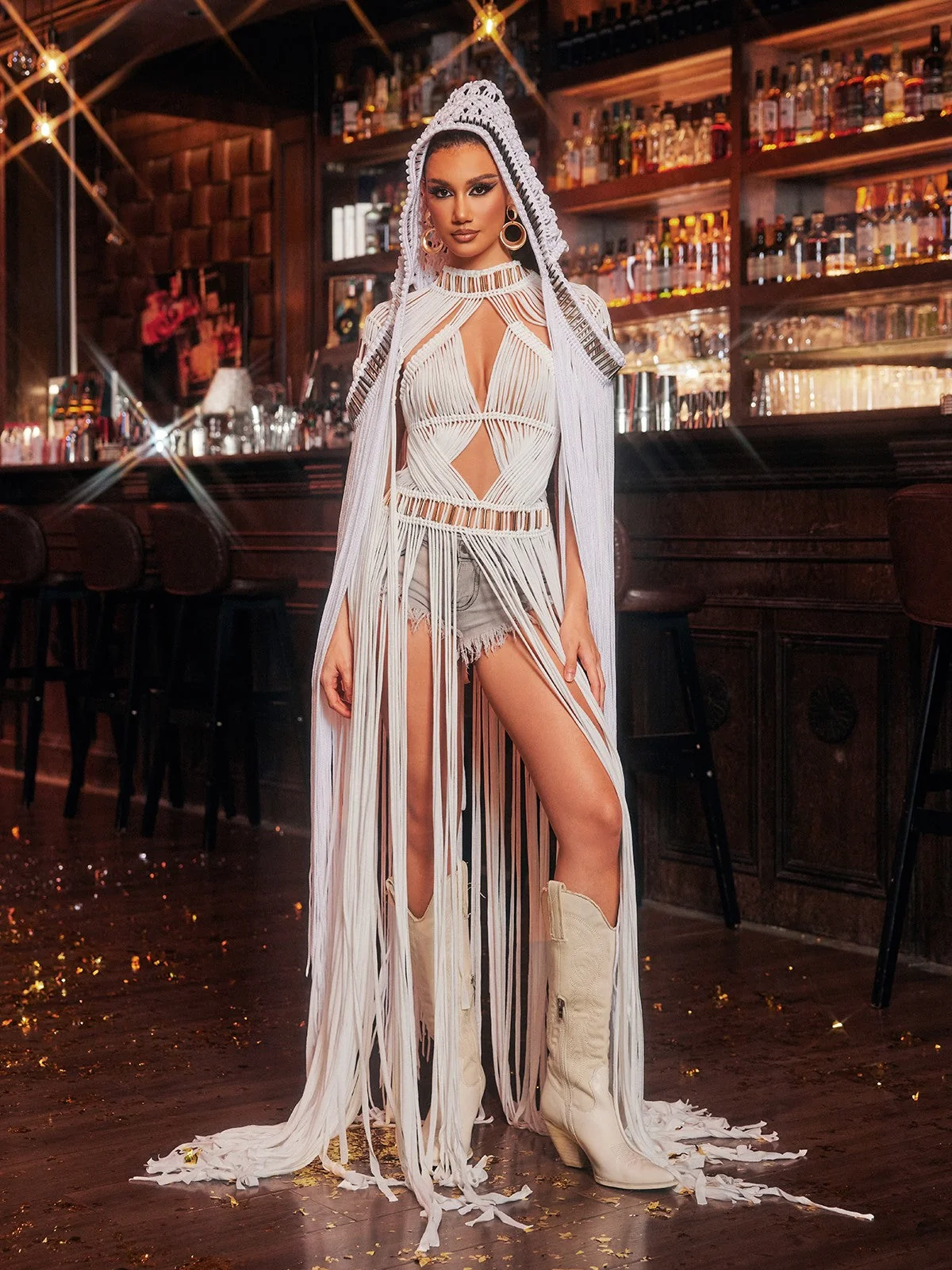 White Knit Fringe Hooded Cover Up for Women