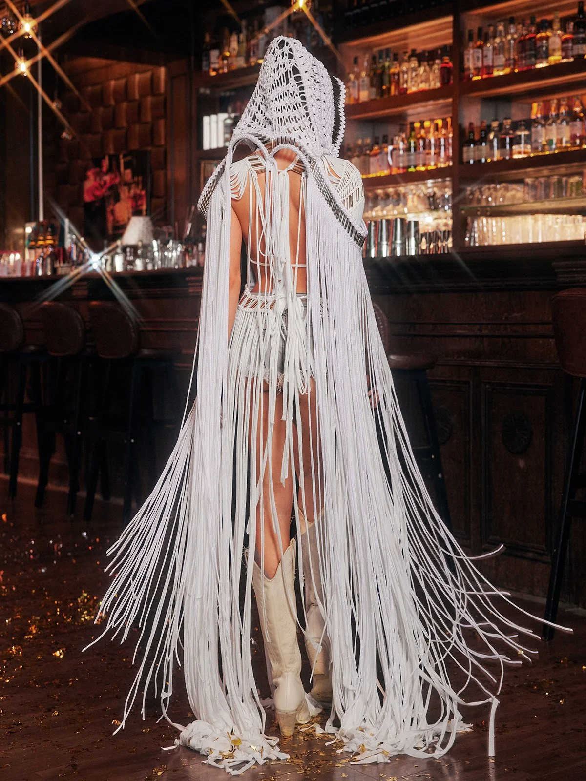 White Knit Fringe Hooded Cover Up for Women