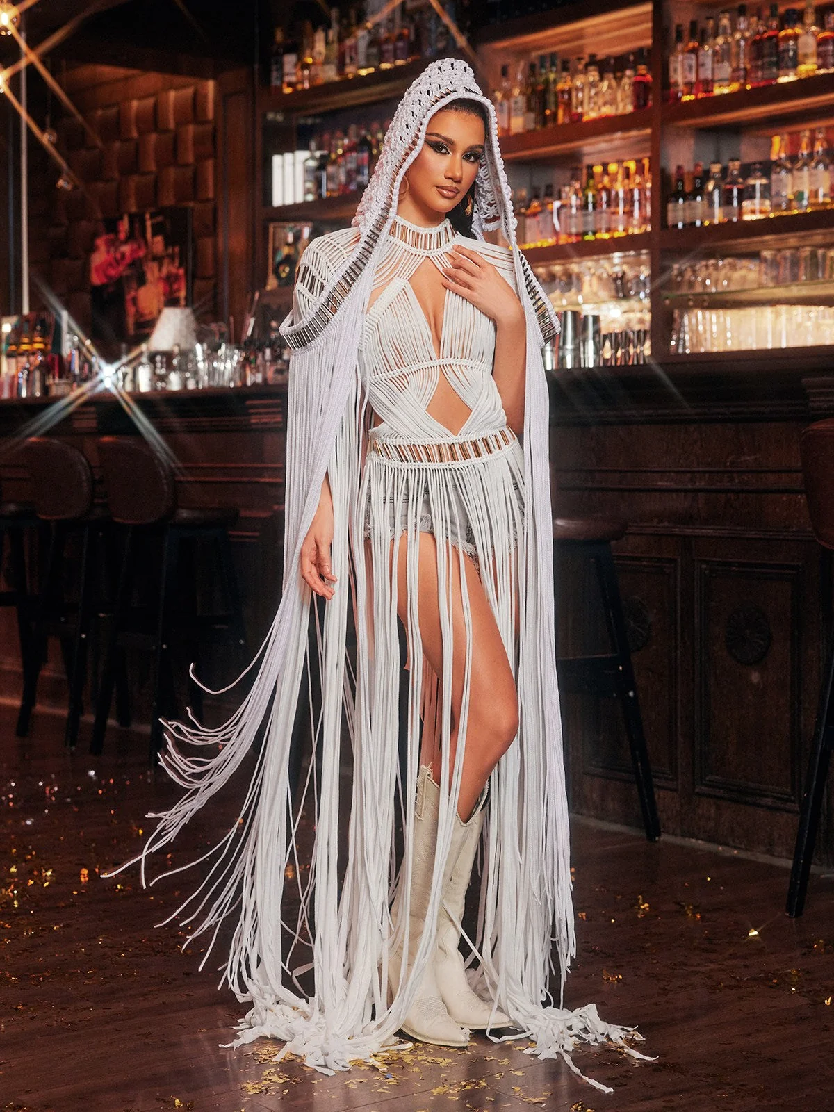 White Knit Fringe Hooded Cover Up for Women