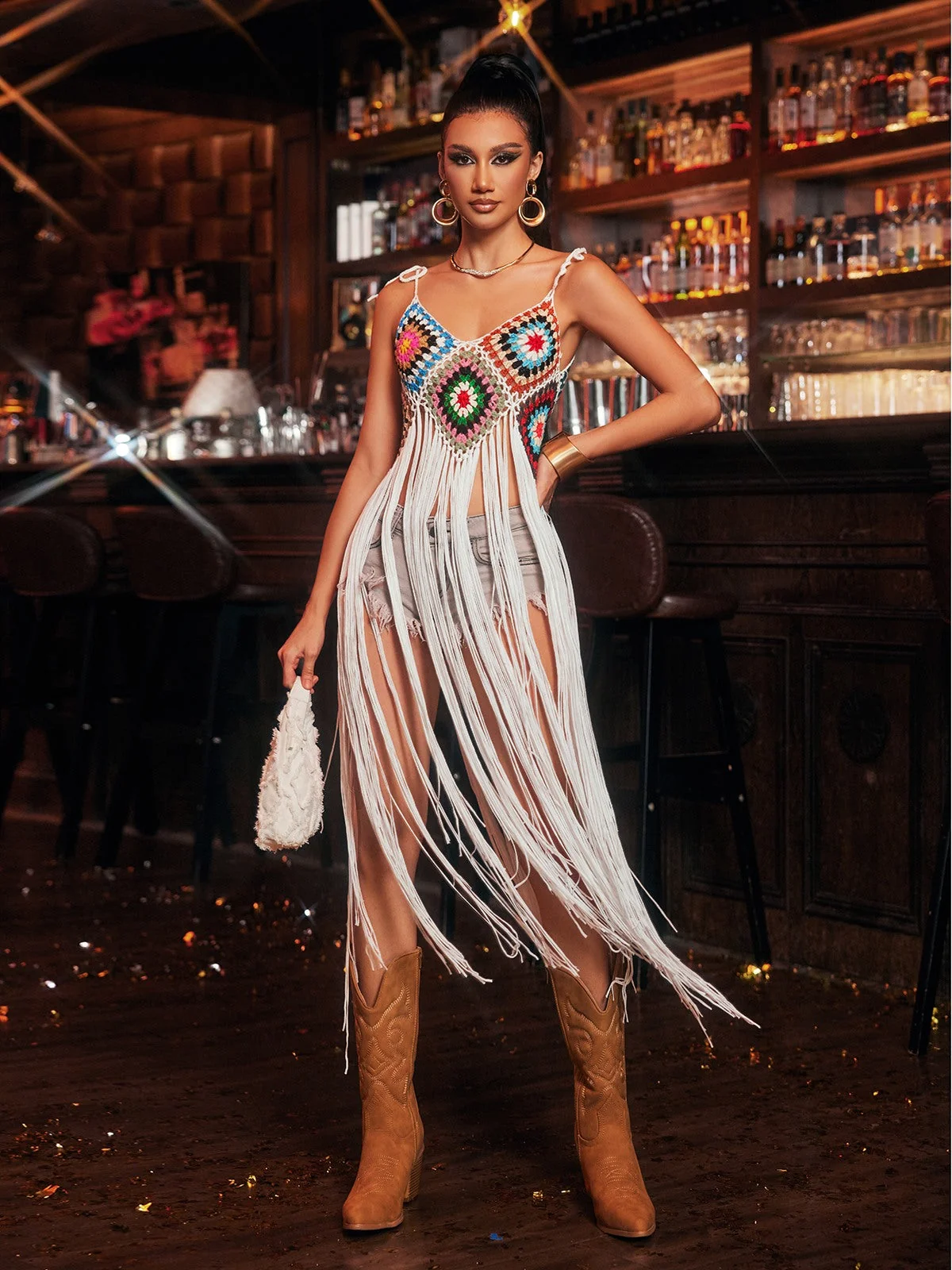 White Fringe Knit Beach Cover Up Dress