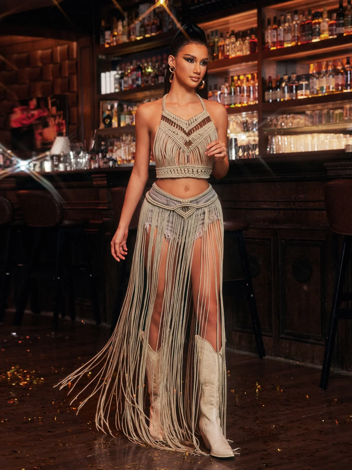 Boho Fringe Halterneck Cover Up Skirt Set