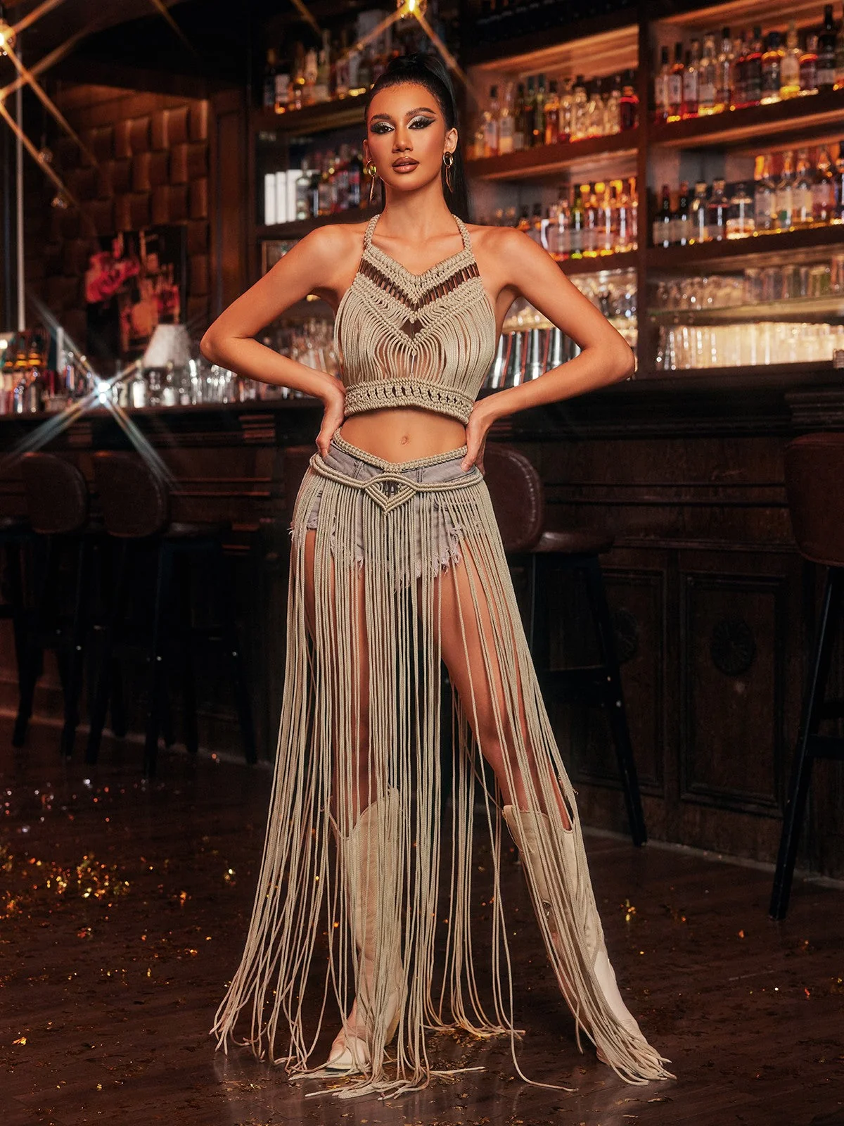 Boho Fringe Halterneck Cover Up Skirt Set