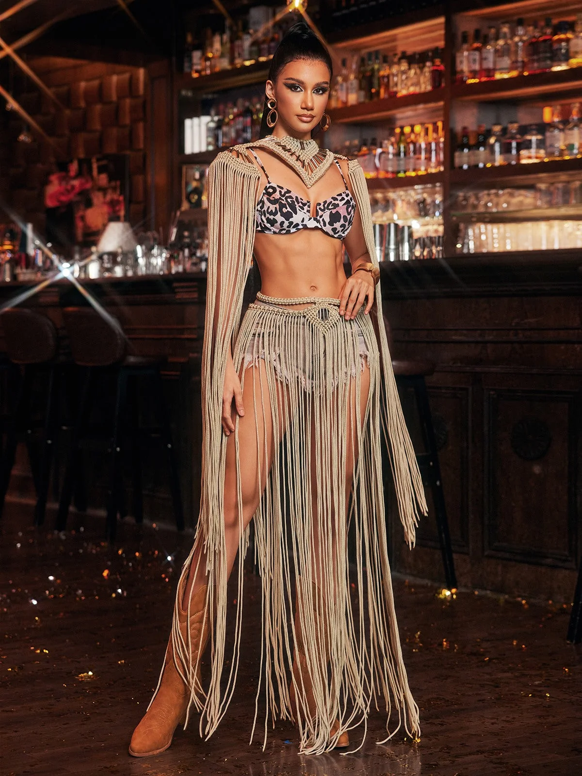 Bohemian Fringe Knit Cover Up Skirt Set