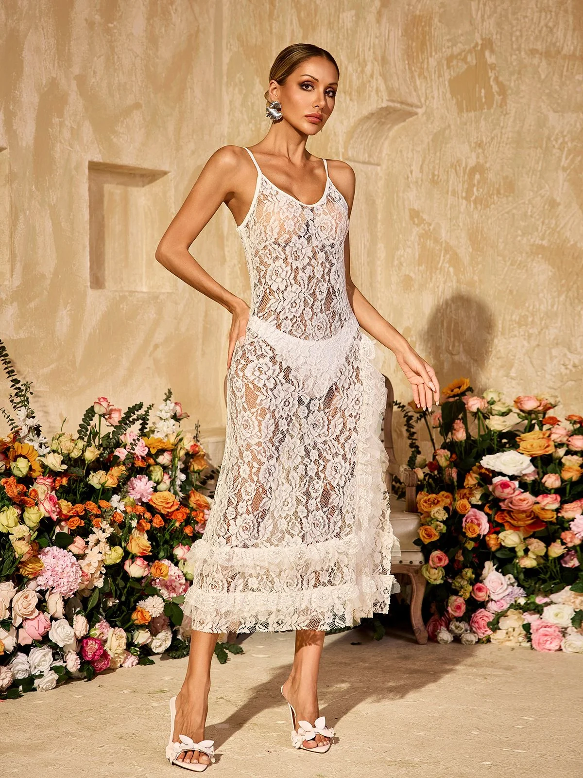 White Floral Lace Midi Dress - Elegant Spaghetti Strap Design