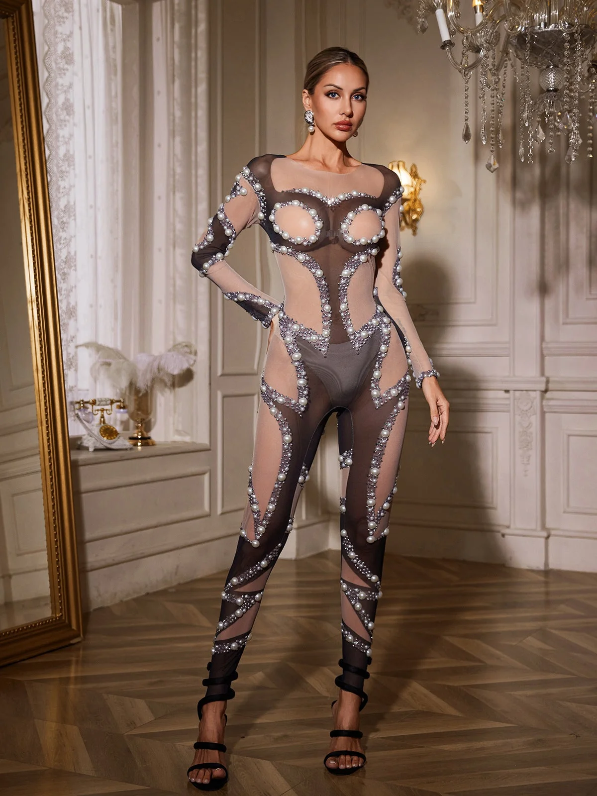 Pearl Mesh Elegant Long Sleeve Jumpsuit
